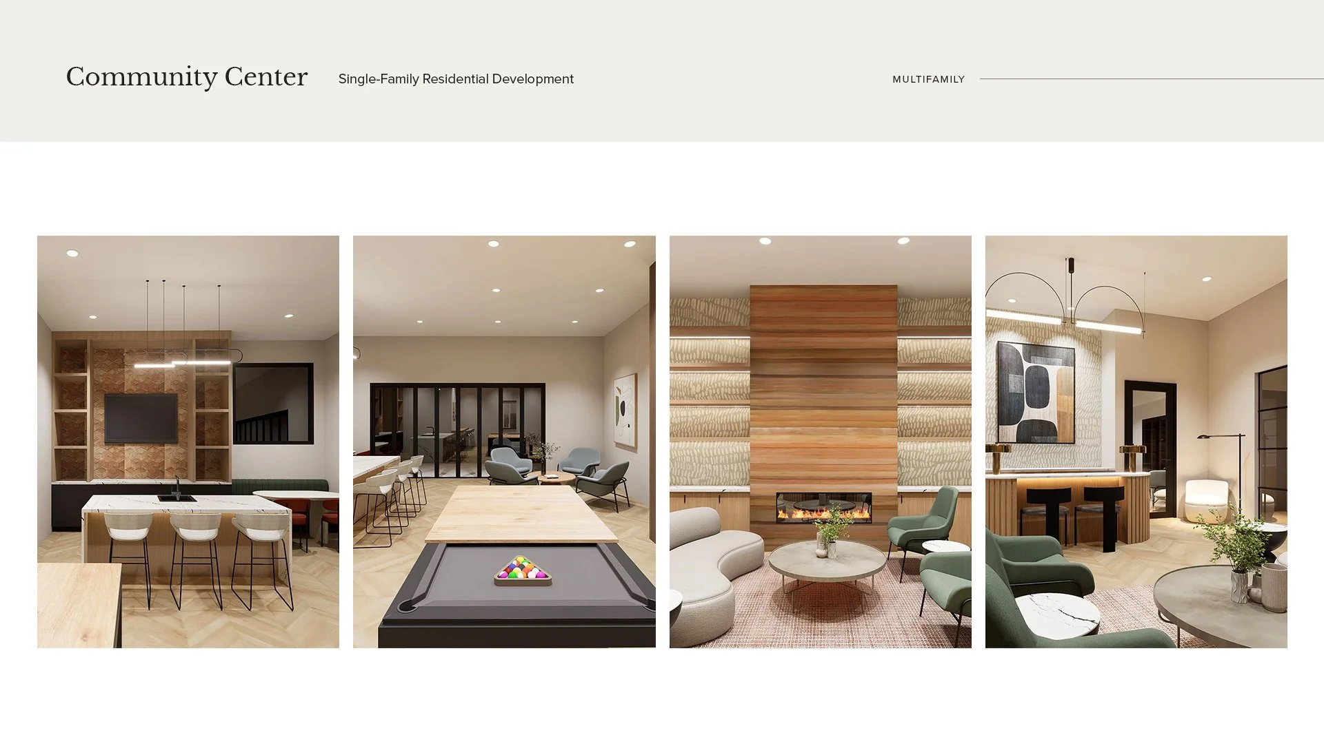 Gallery of four interior spaces of a community center, including a bar area, game room with pool table, lounge with fireplace, and a seating area with artwork.