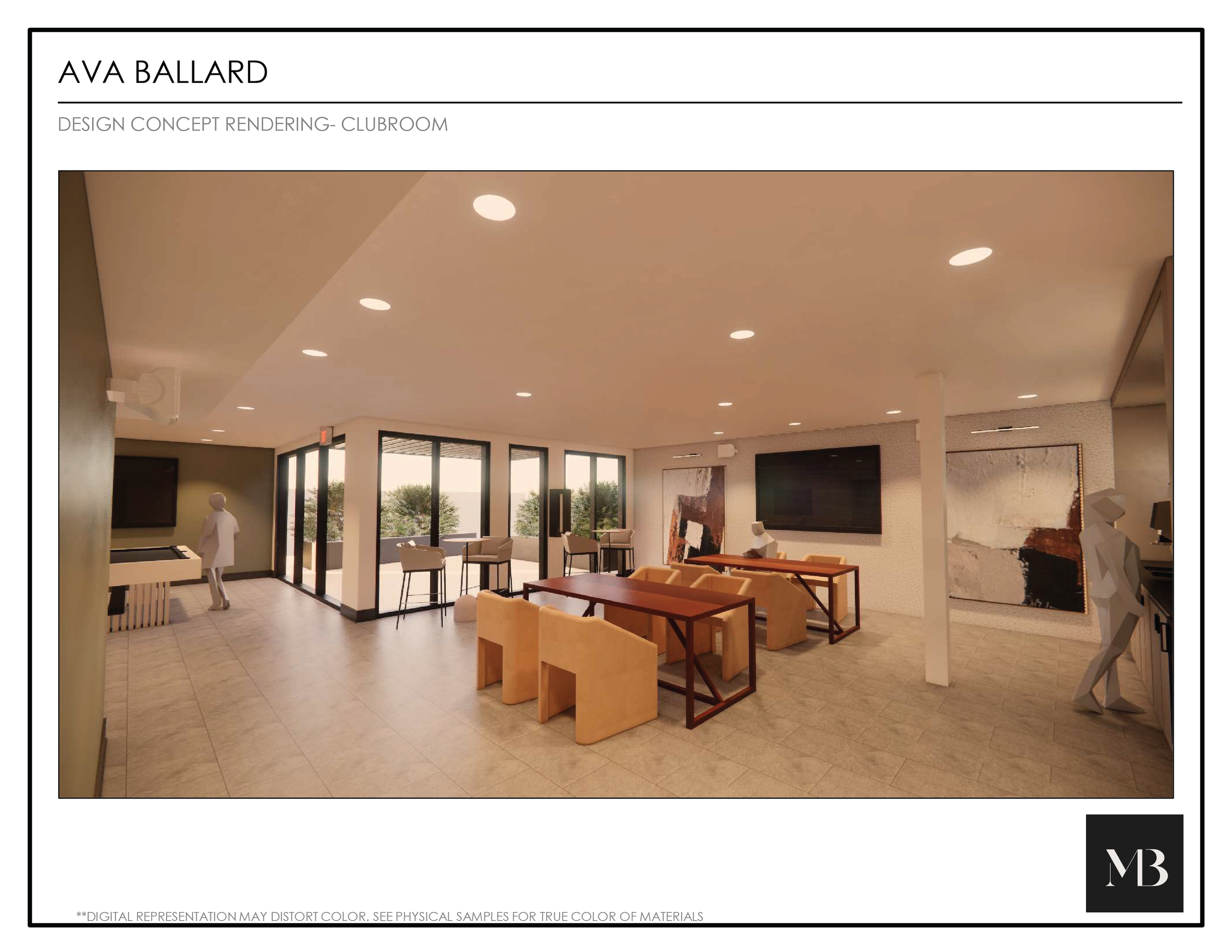 Interior rendering of a modern clubroom with seating, large windows, artworks, a TV, and mannequins.