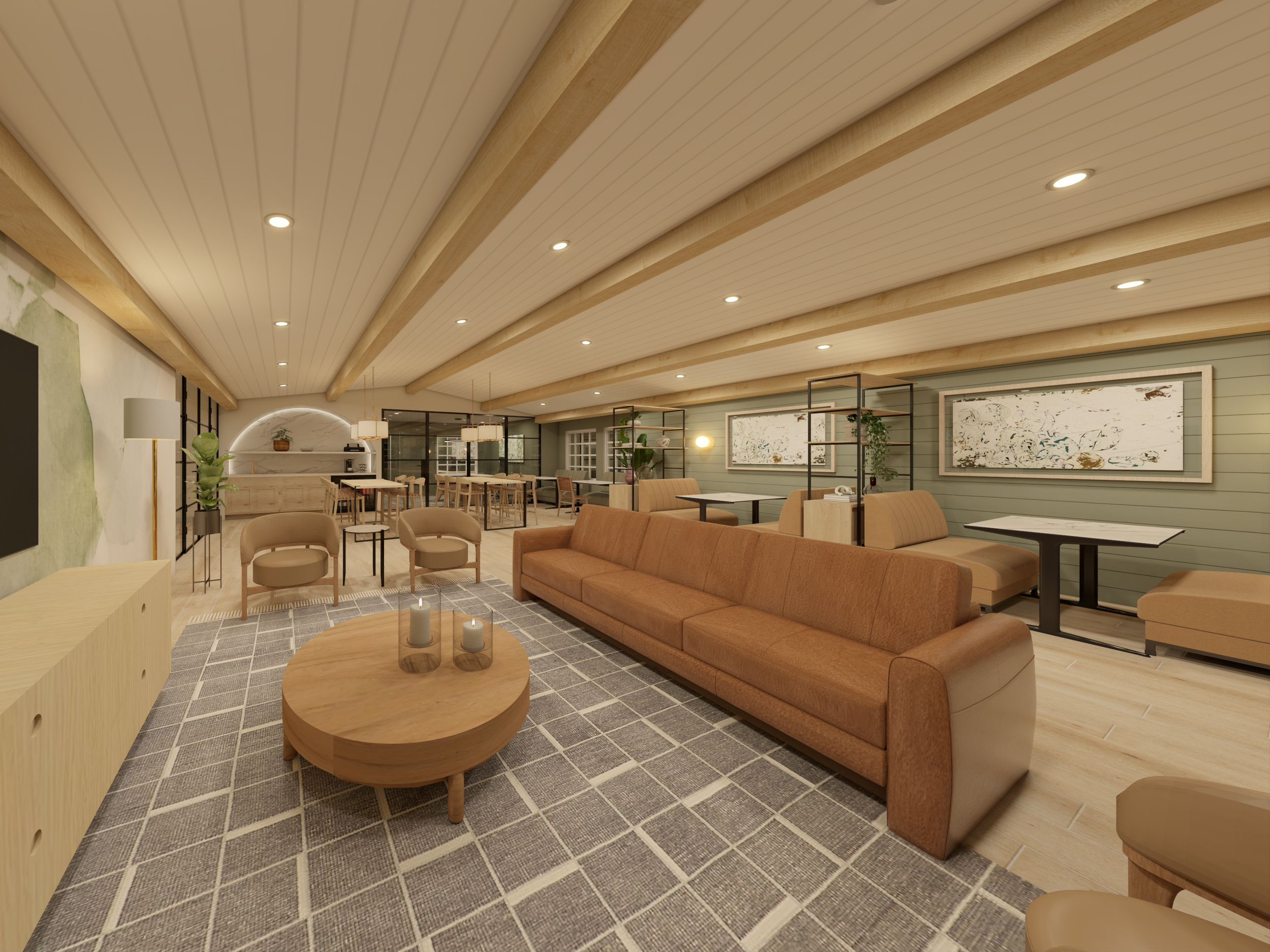 A spacious, modern lounge area with a large beige sofa, two beige armchairs, a wooden coffee table with candles, a patterned rug, and warm lighting. In the background, there are dining tables, shelving units, and abstract artwork.