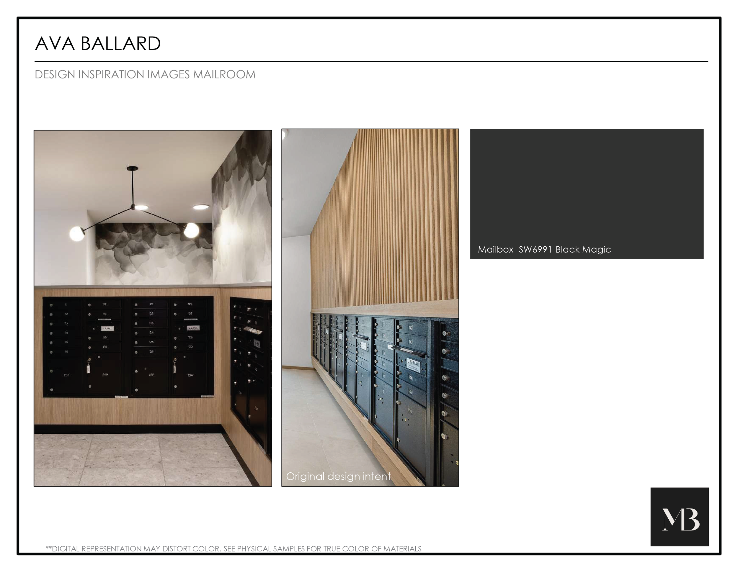 Design proposal for a mailroom with black mailboxes, featuring wood paneling and modern lighting fixtures.