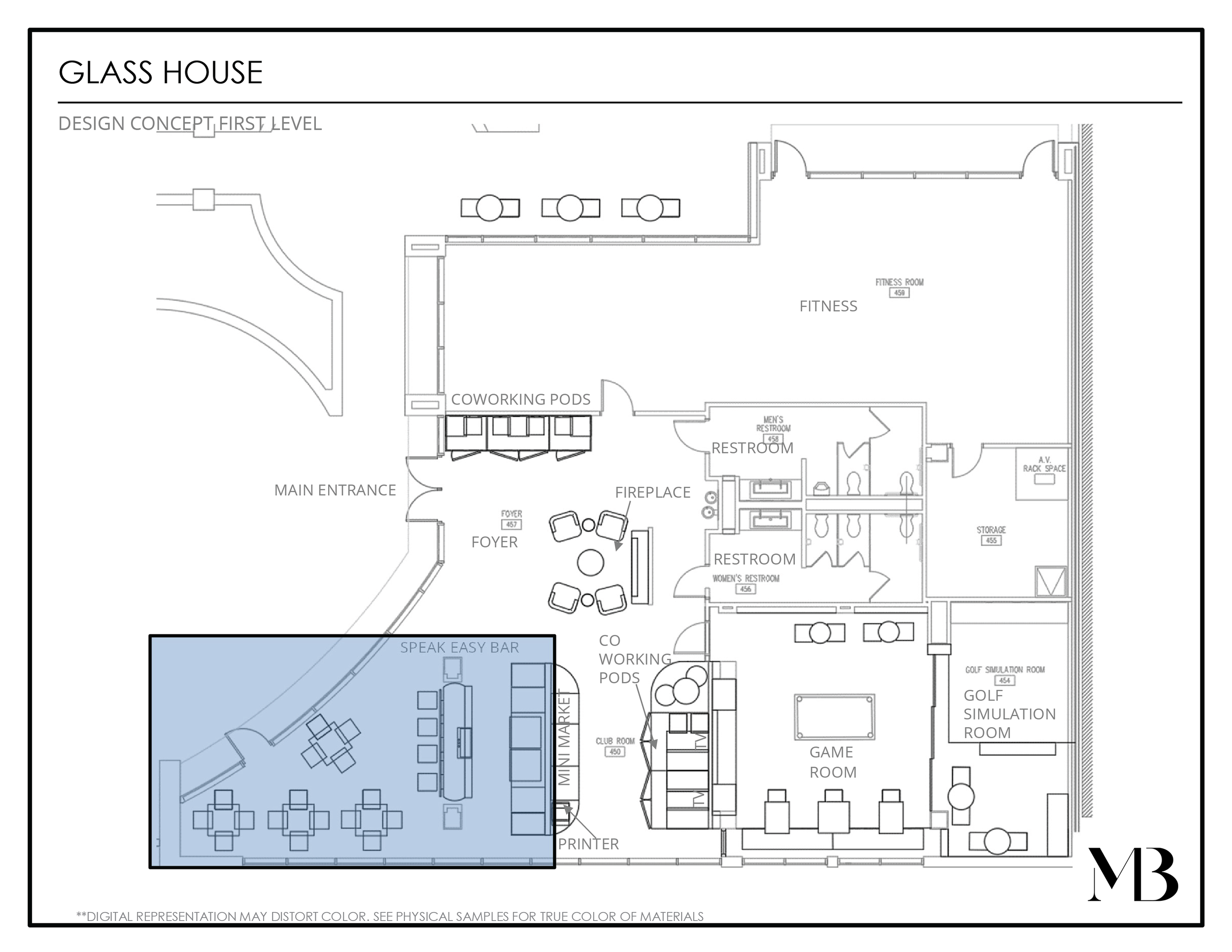 Floor plan of a building labeled 'Glass House,' showing various rooms including fitness, coworking pods, cooking pods, game room, golf simulation room, restrooms, and a blue highlighted area titled 'Speak Easy Bar' with tables, chairs, and a bar counter.