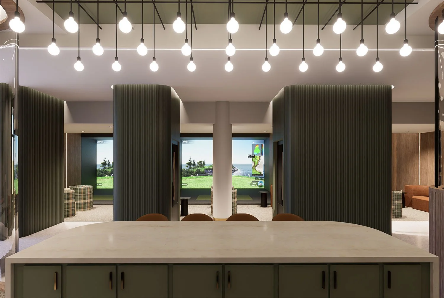 Interior view of a golf simulation room with multiple golf bays, large windows showing an outdoor golf course and ocean view, green partition walls, and a beige countertop in the foreground.