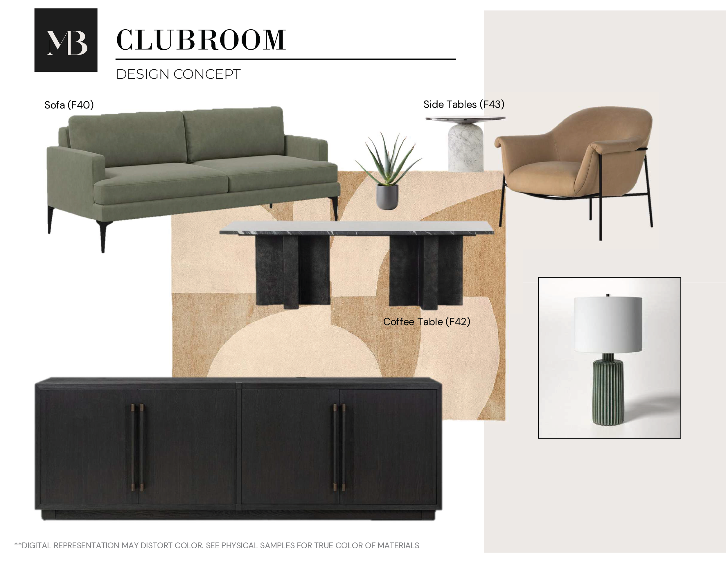 Design concept board for a clubroom featuring a green sofa, beige armchair, marble side table, black coffee table, and table lamp with white shade and green base on a patterned rug.