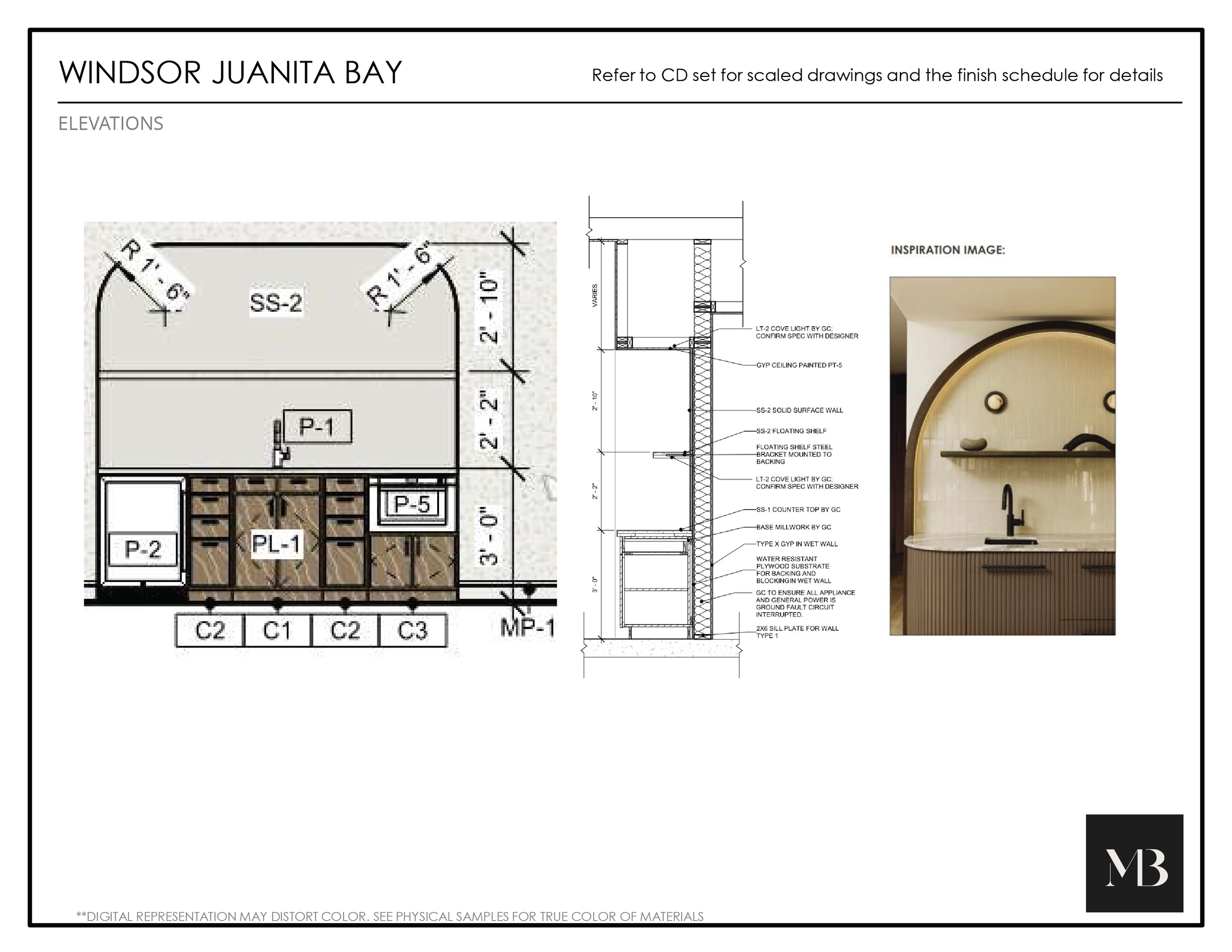 Architectural design plan for Windsor Juanita Bay, including elevations, detailed wall sections, and an inspiration photo of a bathroom wall with a curved shelf, a mirror, and decorative objects.