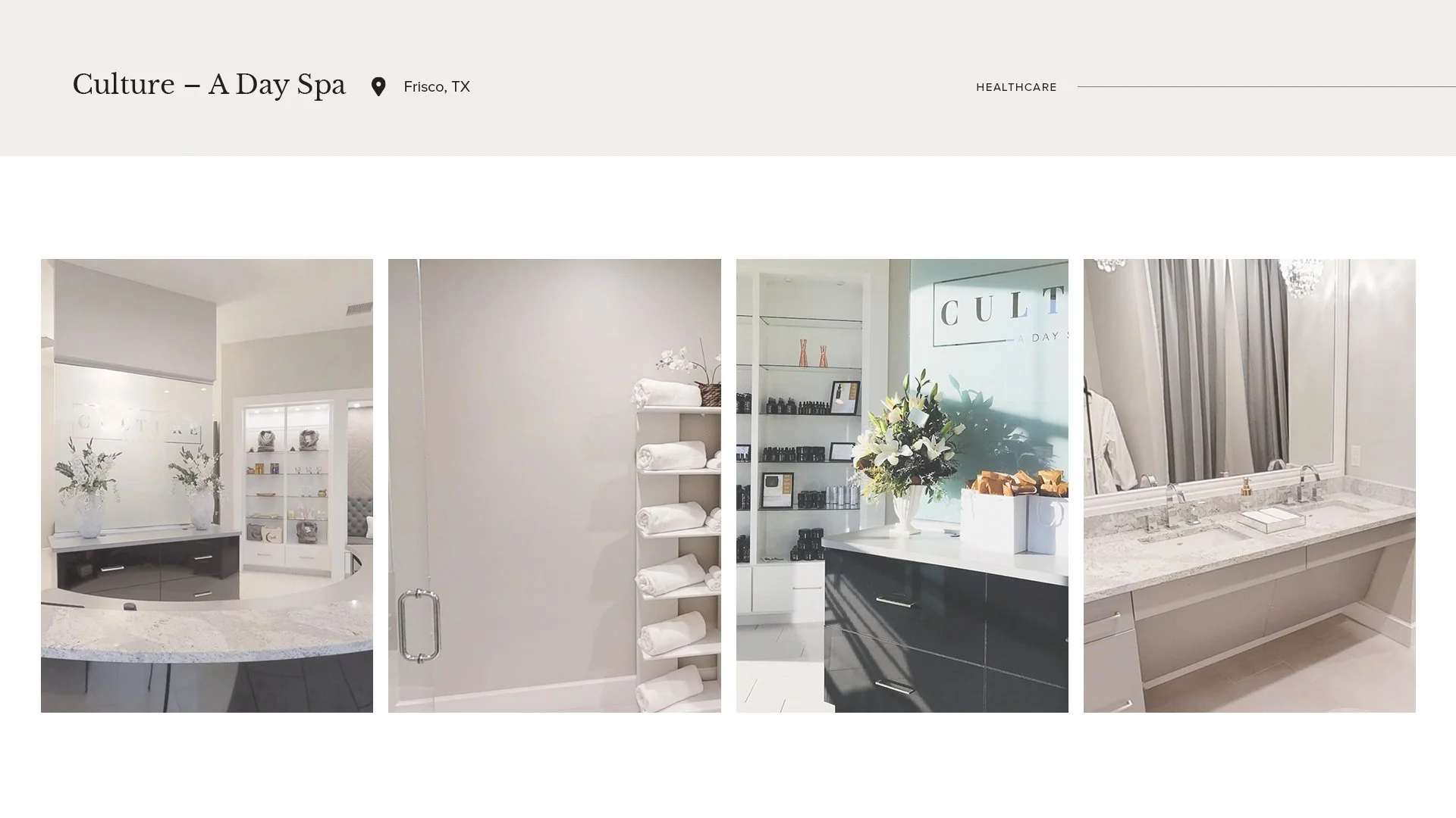 A collage of four images showing the interior of a spa. The first image features a reception desk with flower arrangements and display cases. The second depicts a towel rack with neatly rolled white towels. The third showcases a counter with a bouque