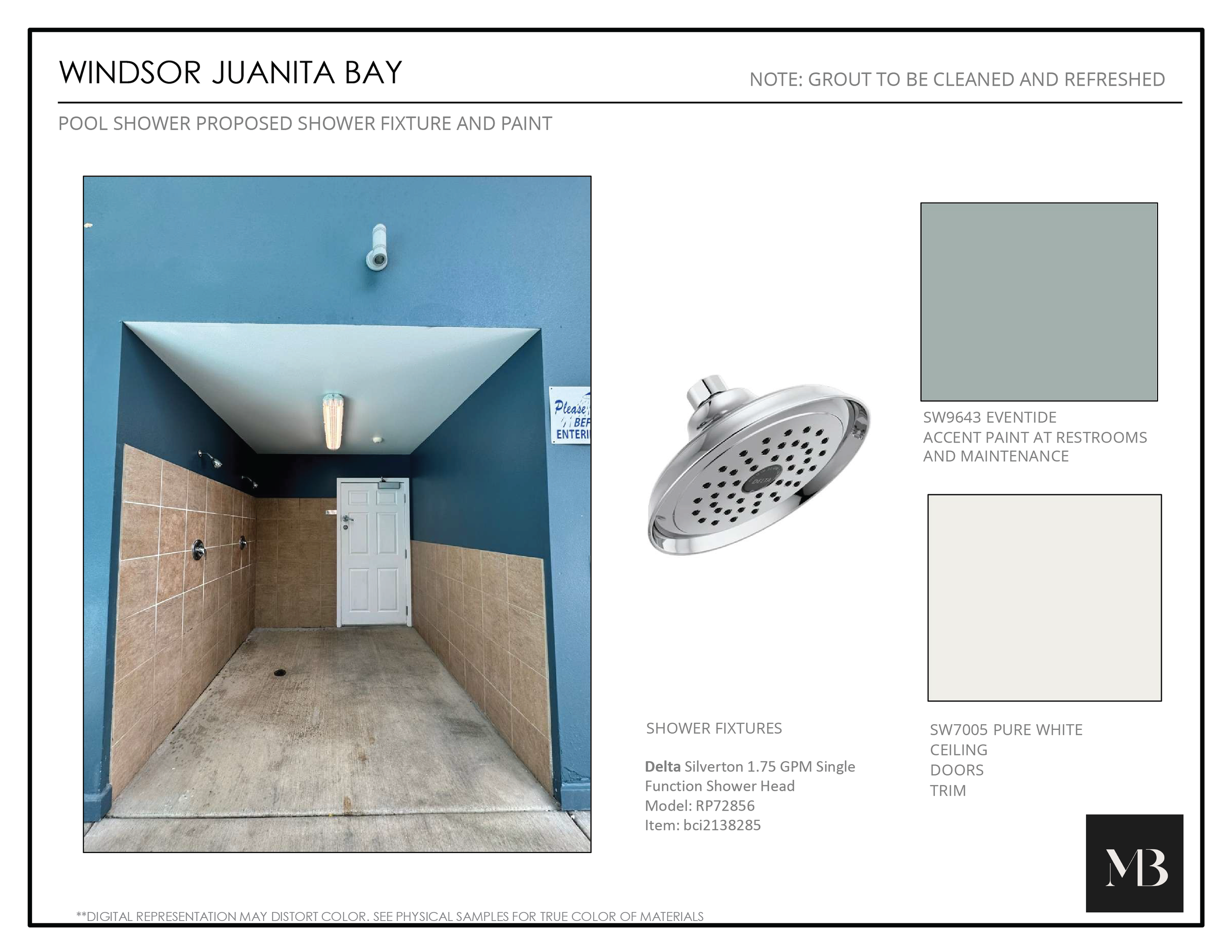 Blueprint design for a pool shower at Windsor Juanita Bay, showing an empty tiled shower area with blue walls, a white door, and a light fixture on the ceiling. Includes details on shower fixture, paint color, ceiling, and doors.