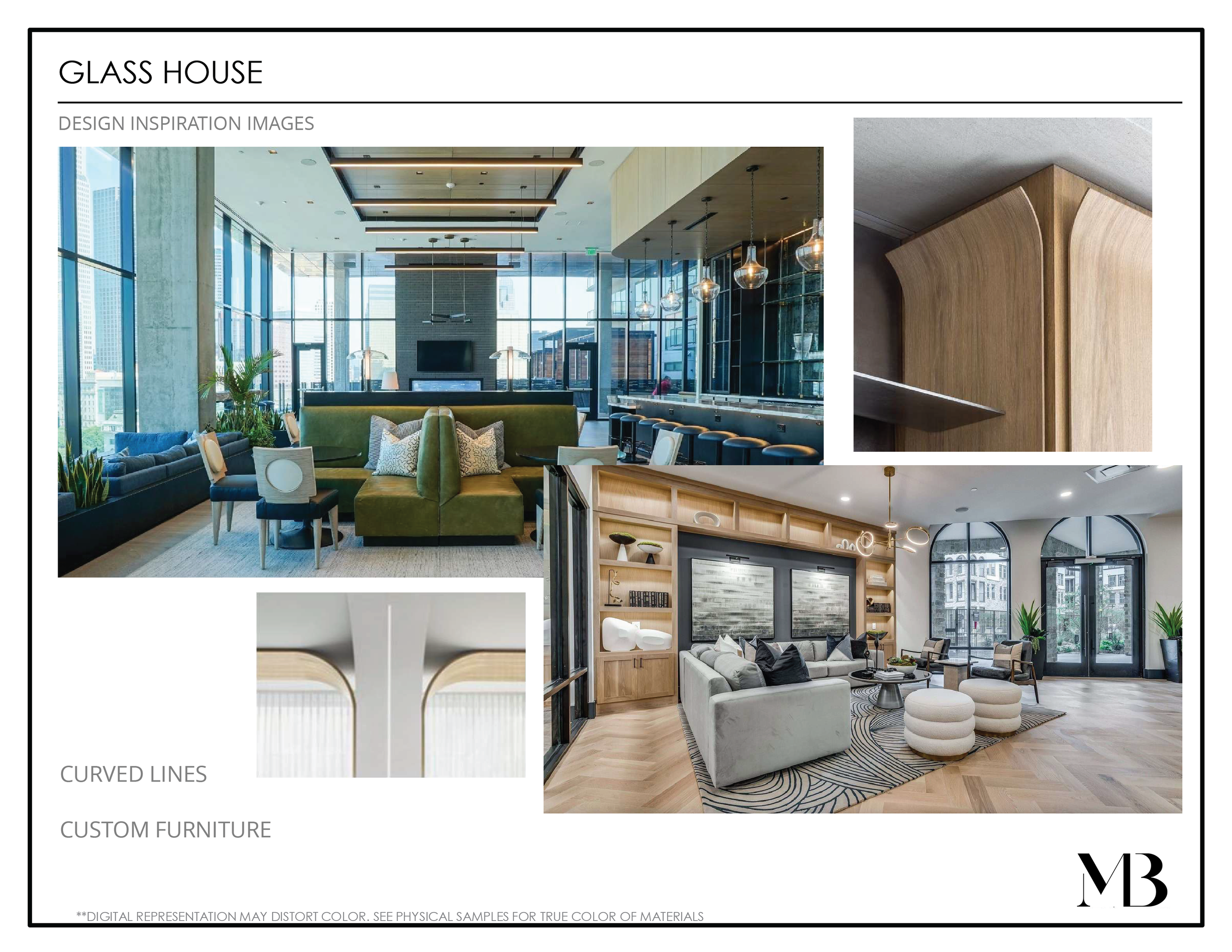 Interior design inspiration images of modern glass house with curved lines and custom furniture, including a lounge area with large windows, wooden accents, and minimalist decor.