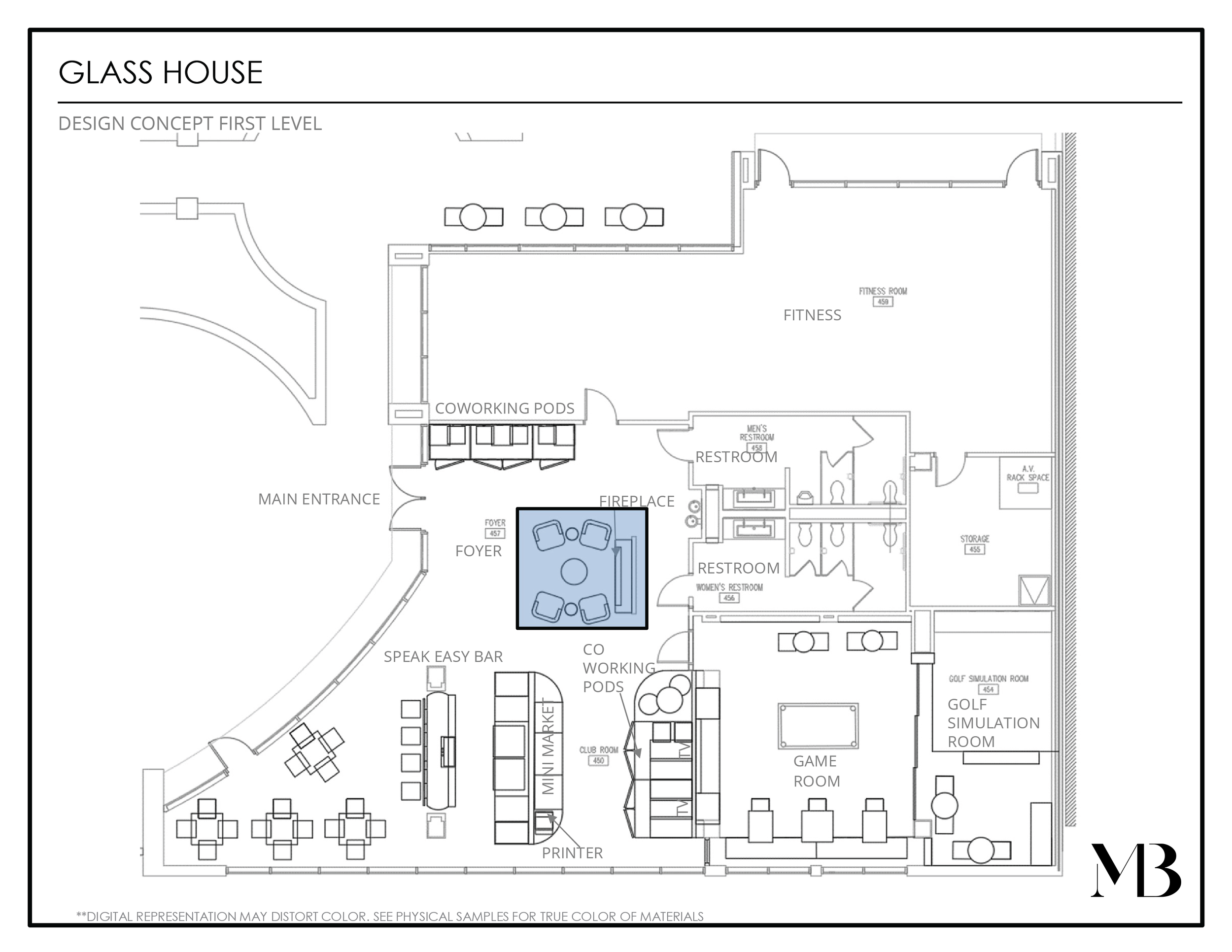 Floor plan of a glass house showing the main entrance, foyer, co-working pods, fireplace, meeting area, gym and fitness rooms, restrooms, storage, golf simulation room, game room, and various labeled spaces.