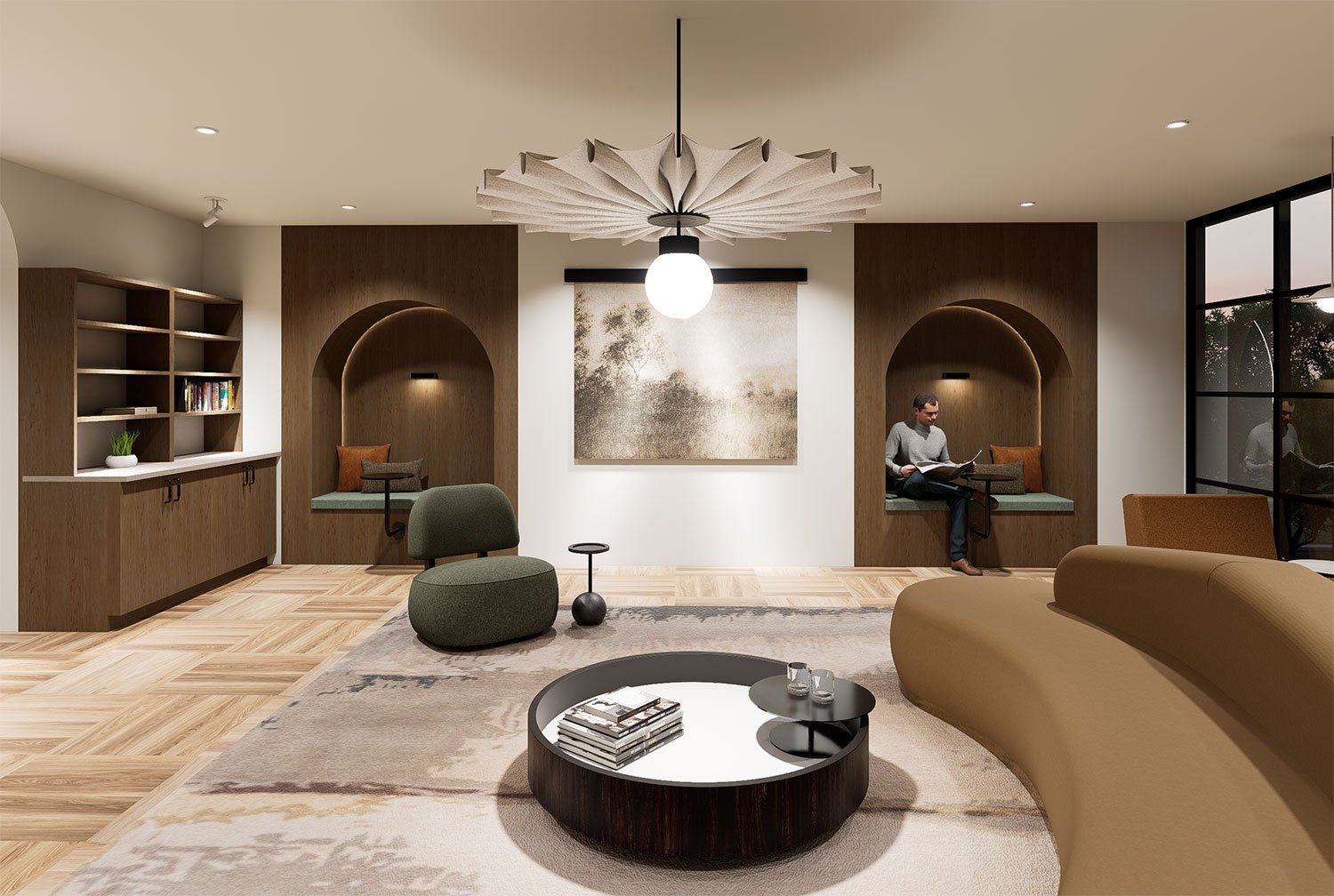 Modern living room with built-in nook seating, abstract wall art, a circular coffee table, a curved yellow sofa, and a large window showing outdoor trees.