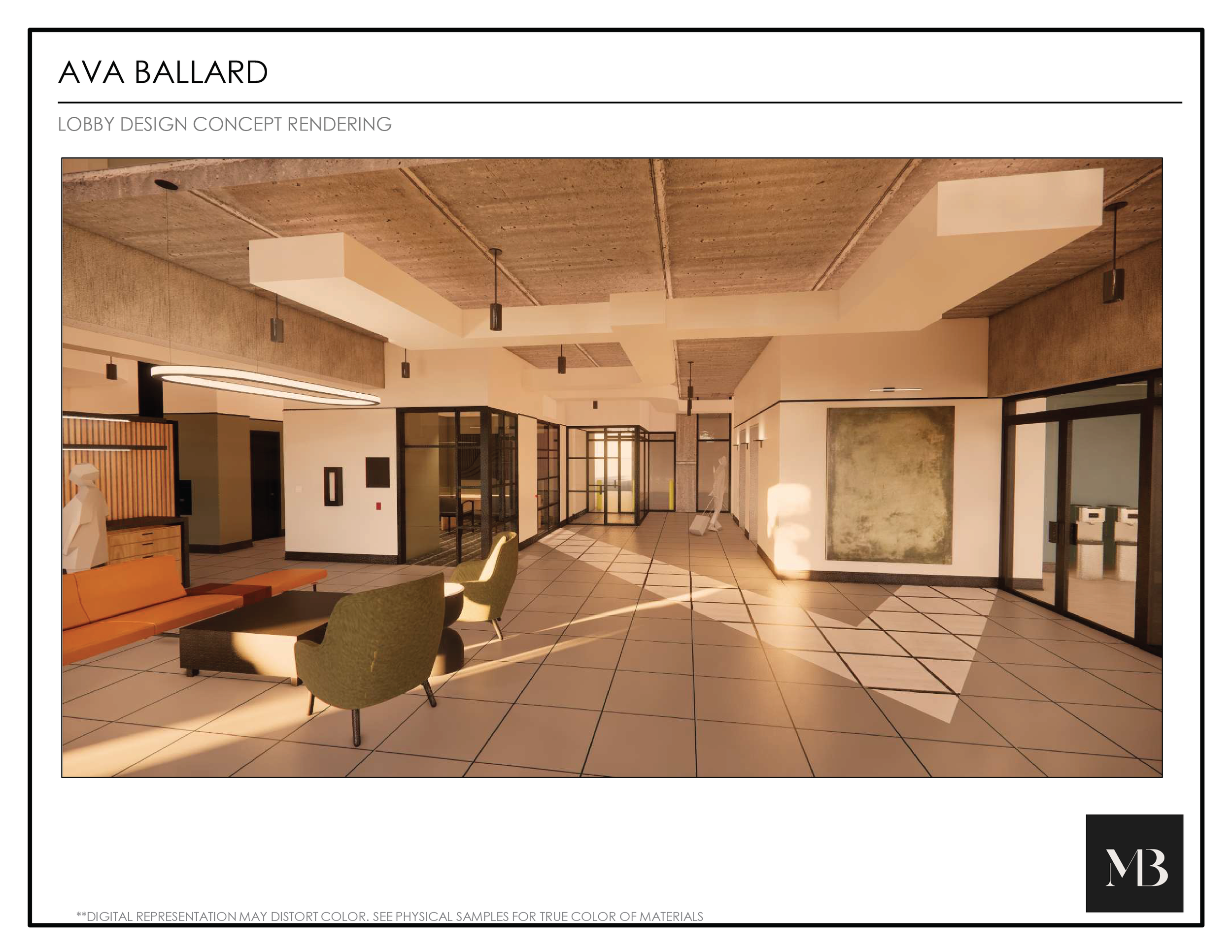 A modern lobby with tiled floor, seating area with green and orange chairs, glass walls, and architectural lighting fixtures on the ceiling.