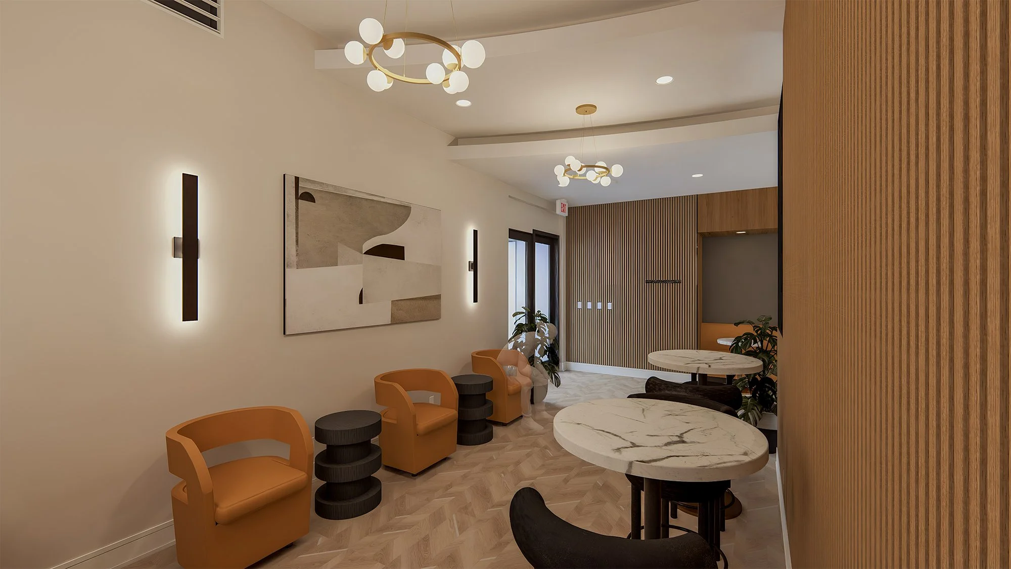 Modern interior with beige walls, wooden accents, and contemporary lighting fixtures. Contains seating with orange and black chairs, marble-top tables, and decorative plants.