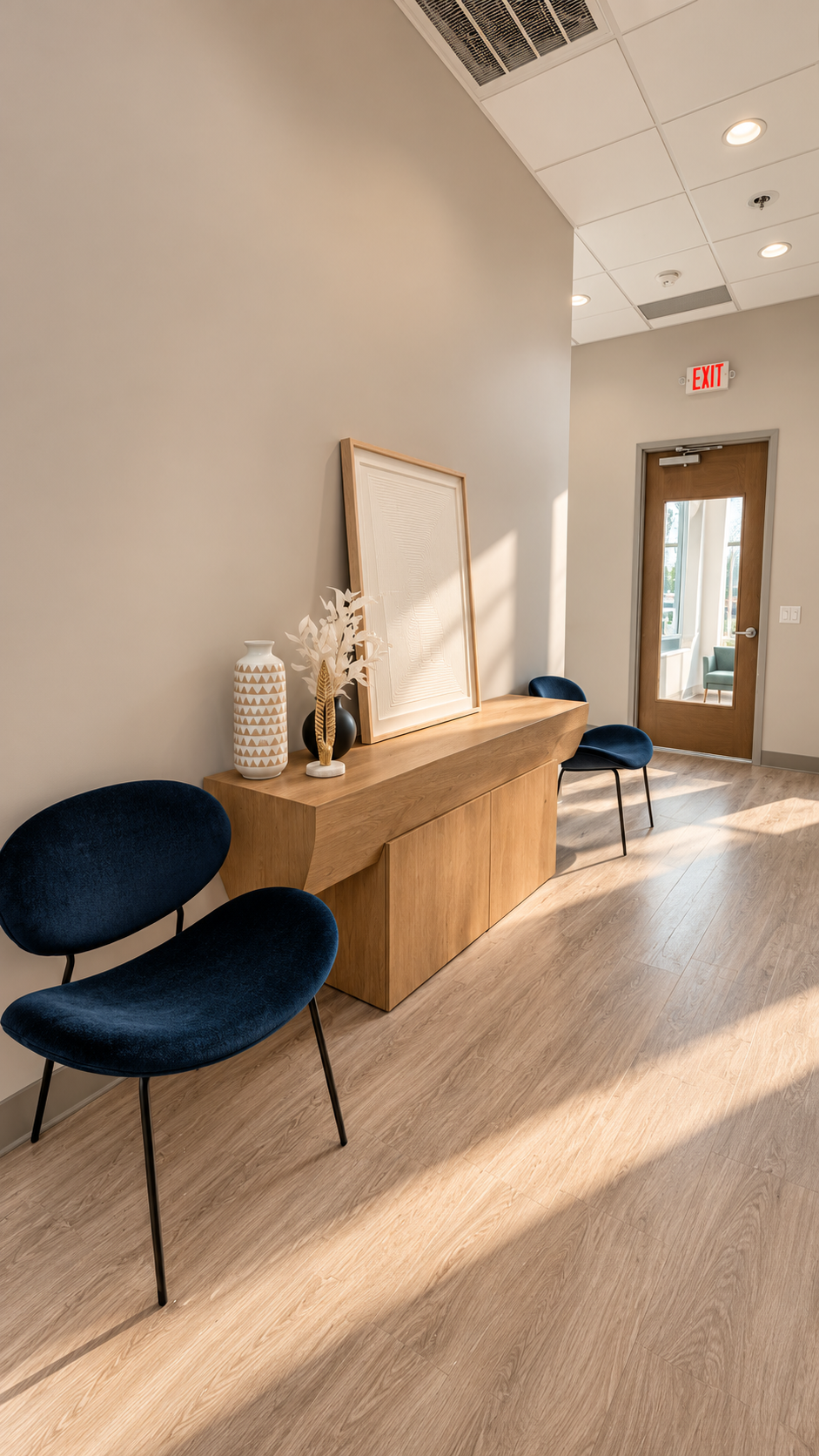 Warm Minimalist Foyer with Navy Chairs.png