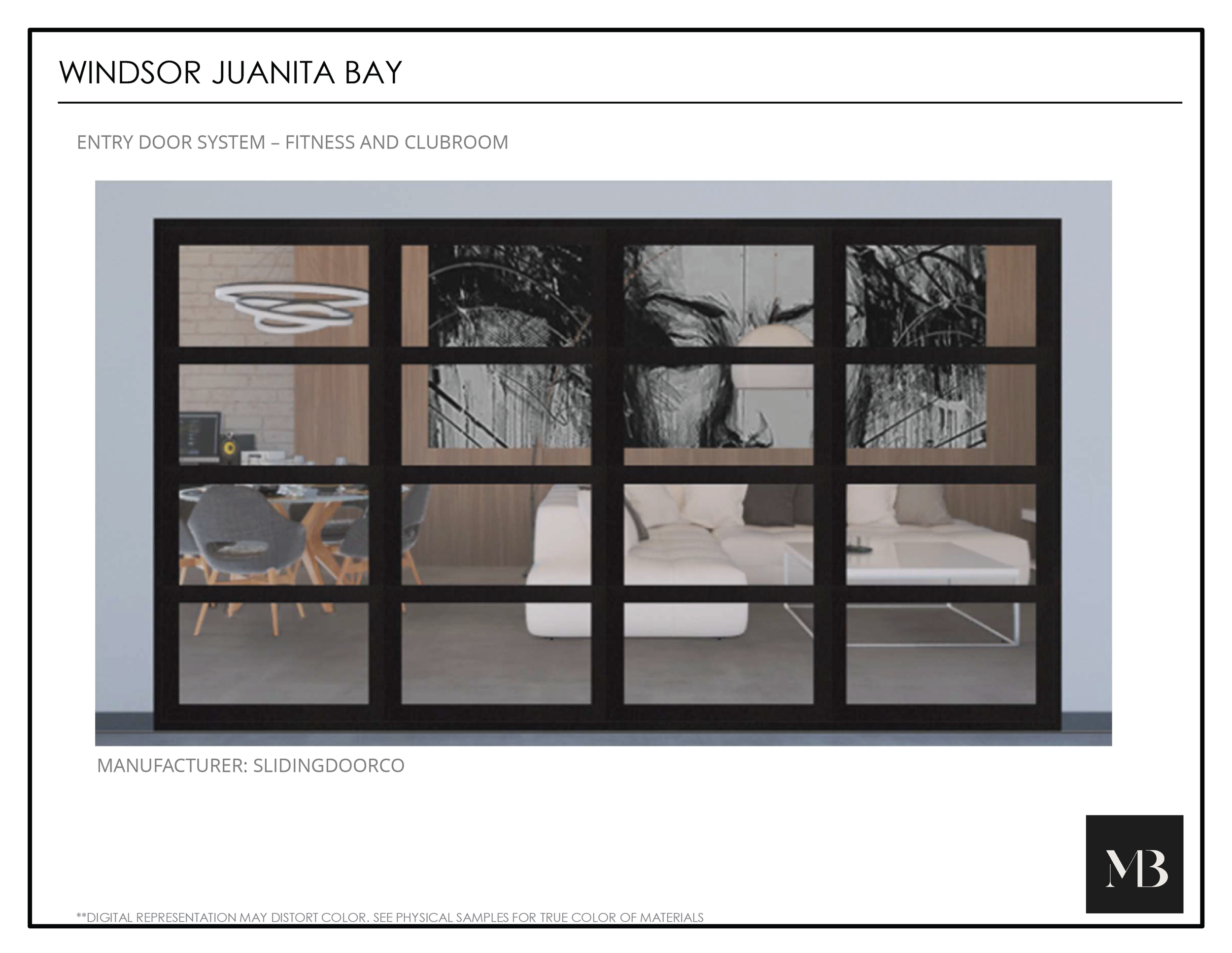 A black-framed glass sliding door with 3 rows and 4 columns of panels, showing a modern interior space with a dining area, a white sofa, a large wall art mural of a person's face with glasses, and a pendant light