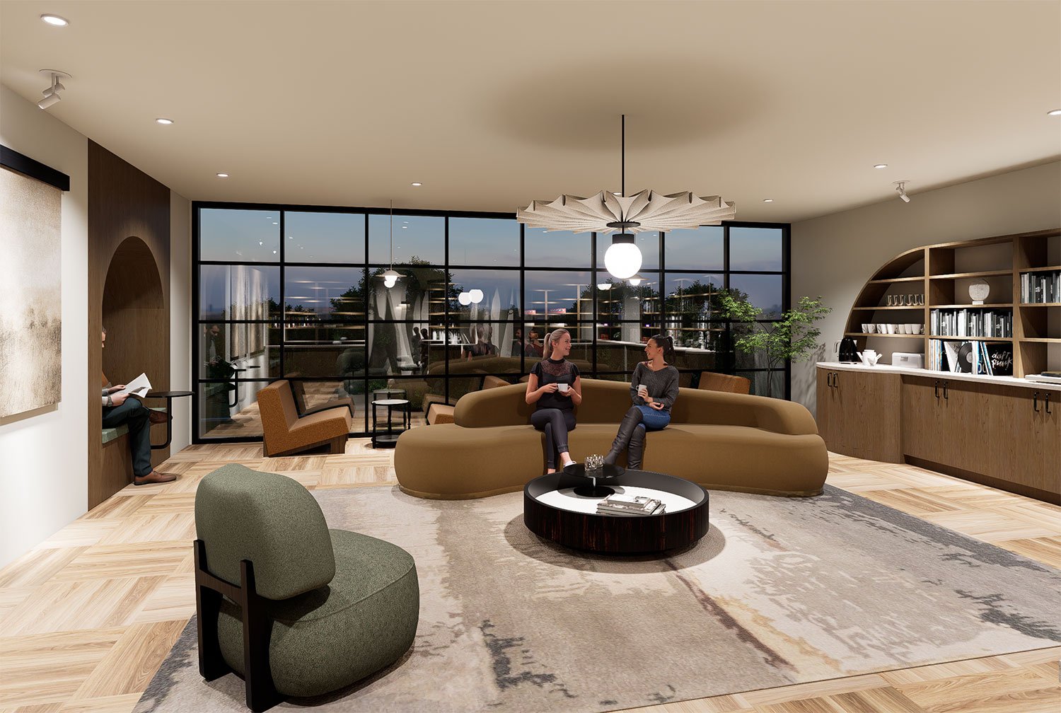 Modern lounge with large windows, two women sitting and talking on a curved sofa, man reading a book on the window seat, contemporary coffee table and bookshelf, indoor plants, and stylish lighting fixtures.
