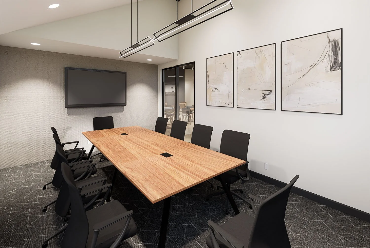 Modern conference room with a wooden table, black chairs, wall-mounted TV, abstract art on the wall, and glass door leading to another room.
