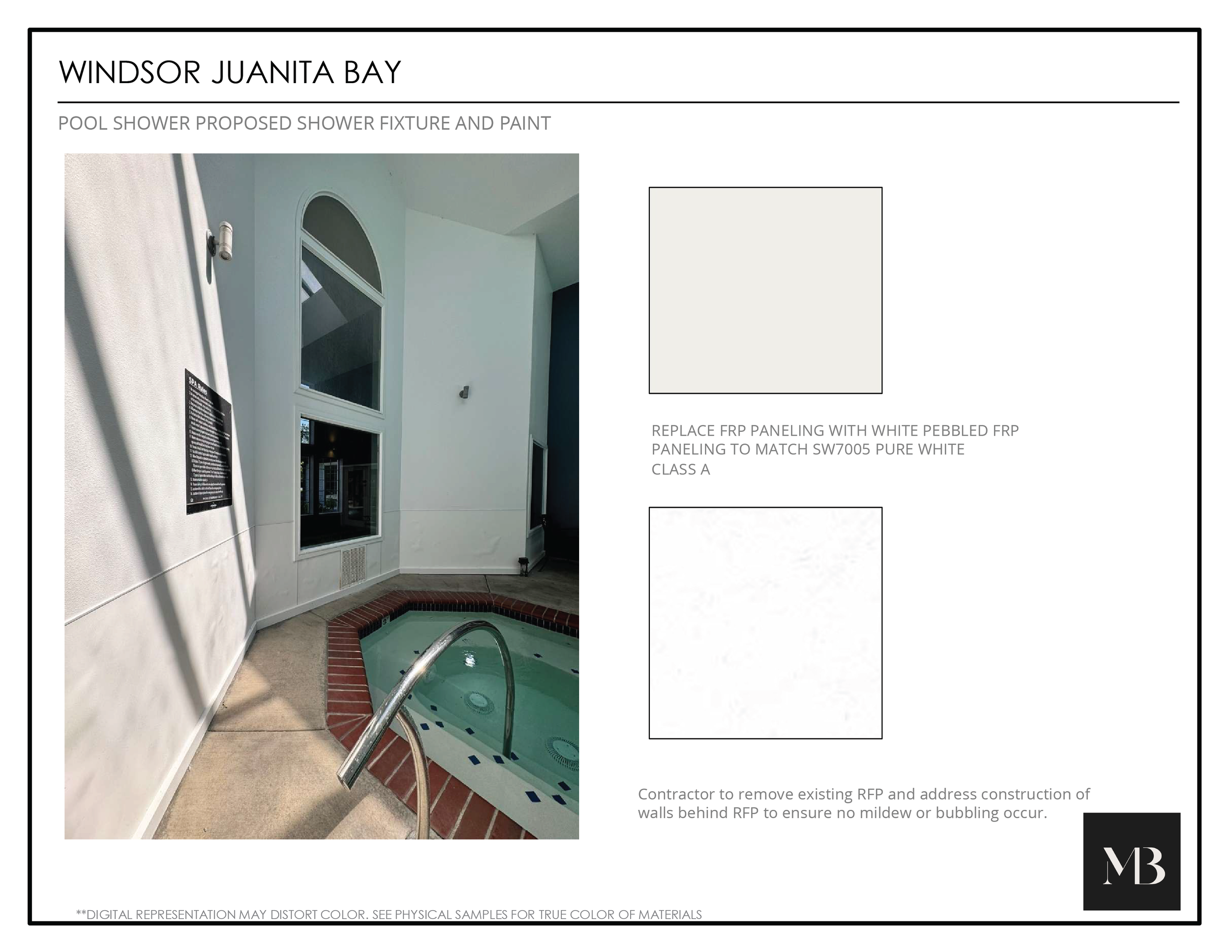 Design plan for Windsor Juanita Bay showing pool, shower, and paint details