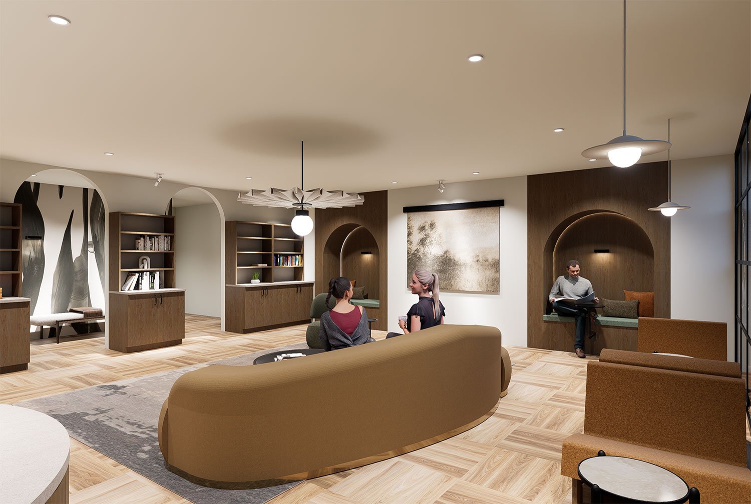 Modern living room with wooden floors, built-in bookshelves, arched wall niches, a large beige curved sofa, and seating areas. Three people are sitting and talking, while a man reads a book in one of the niches. Decorative lighting fixtures hang from