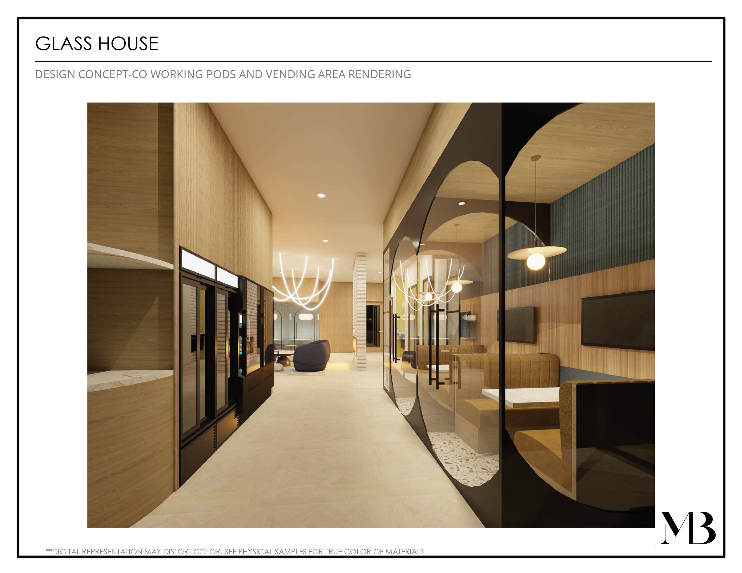 Interior render of a modern glass house with vending area, seating, and contemporary lighting fixtures.
