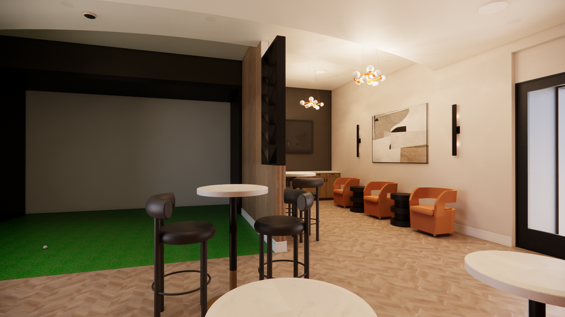 Interior of a modern lounge with three orange armchairs, small black tables, abstract artwork on the wall, and a golf putting green area with a golf ball near the edge.