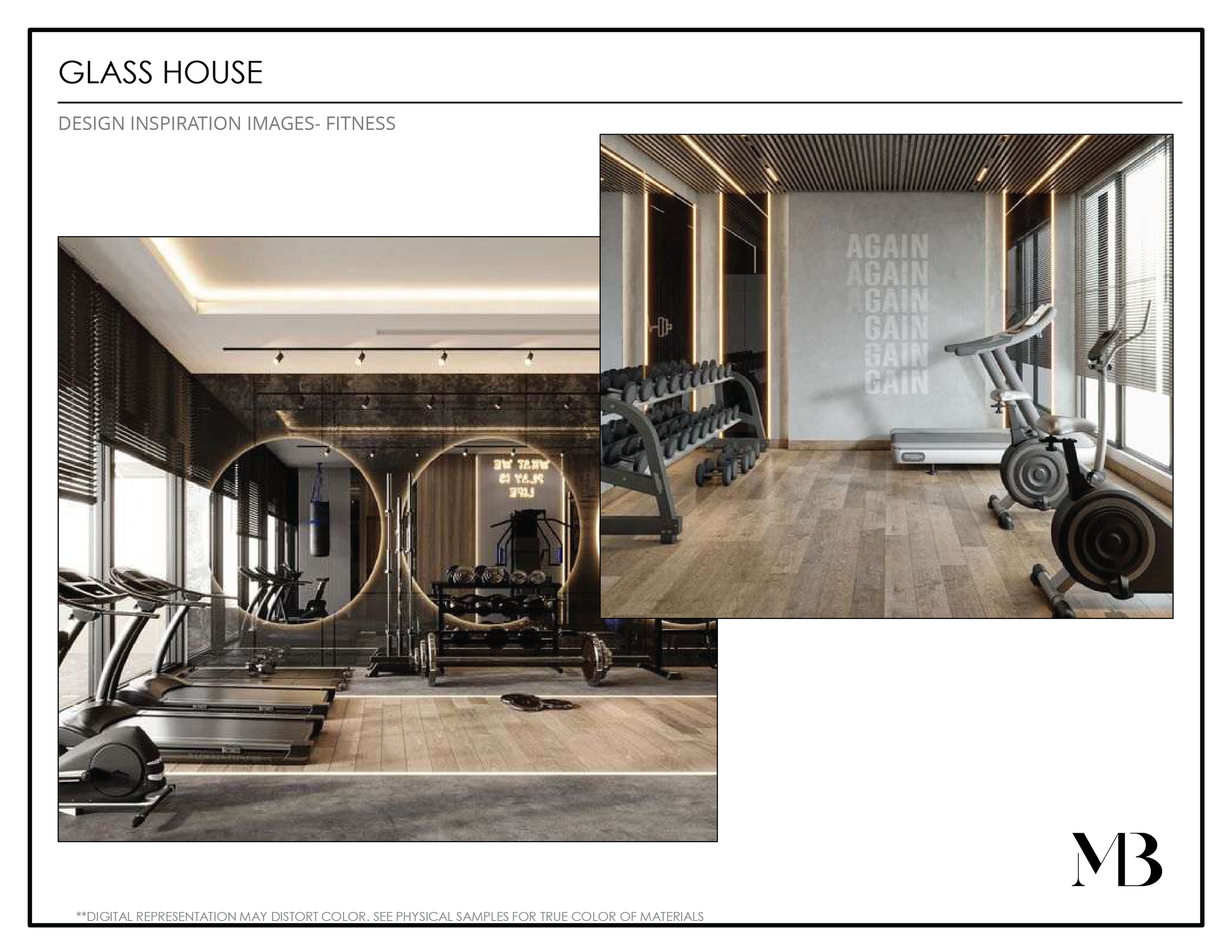 A modern gym with cardio equipment, free weights, and exercise machines in a sleek, well-lit space with large windows, dark and light wood accents, and motivational text on the wall.