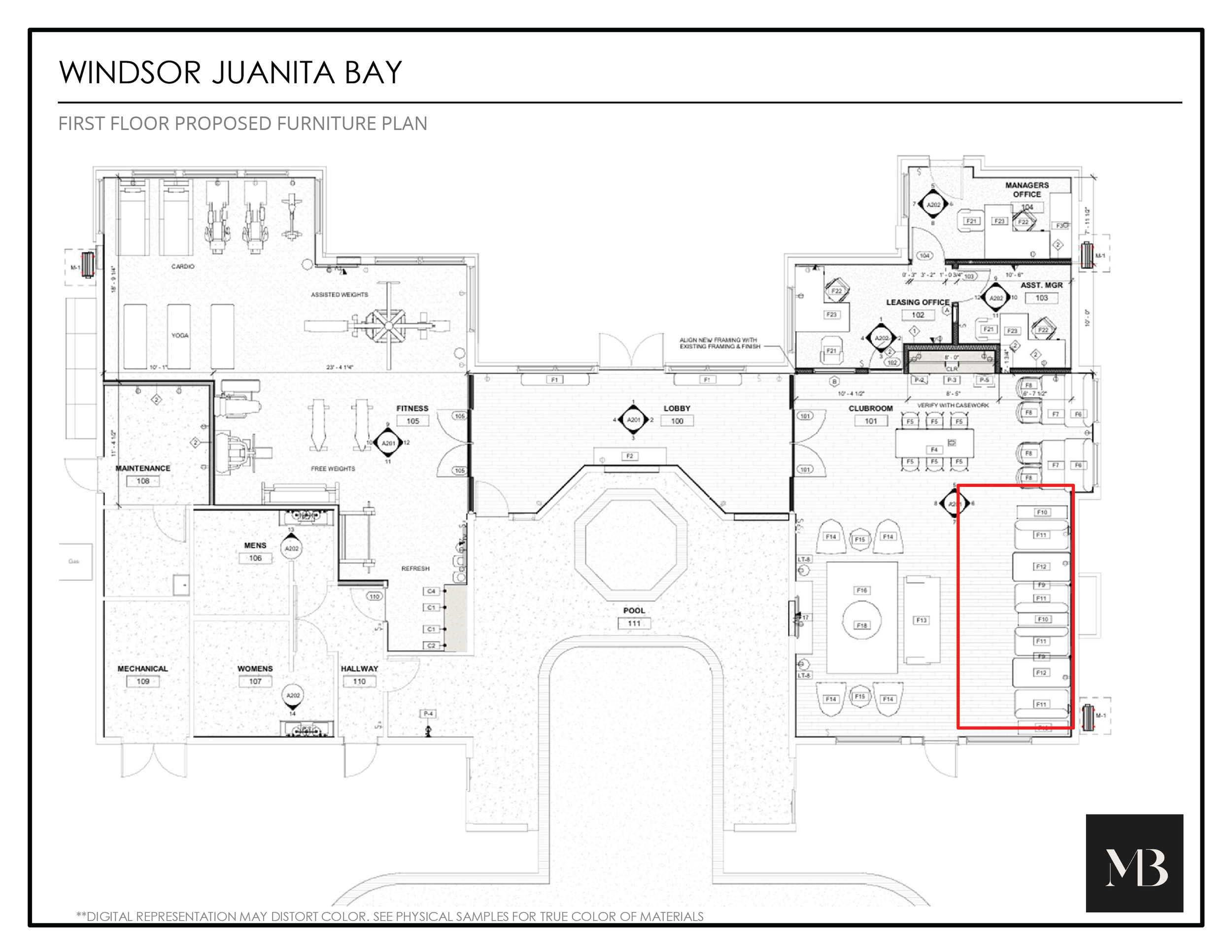 Floor plan of a fitness center labeled as Windsor Juanita Bay, showing rooms such as gym, pool, lounge, offices, and a section with parking spaces highlighted in red.