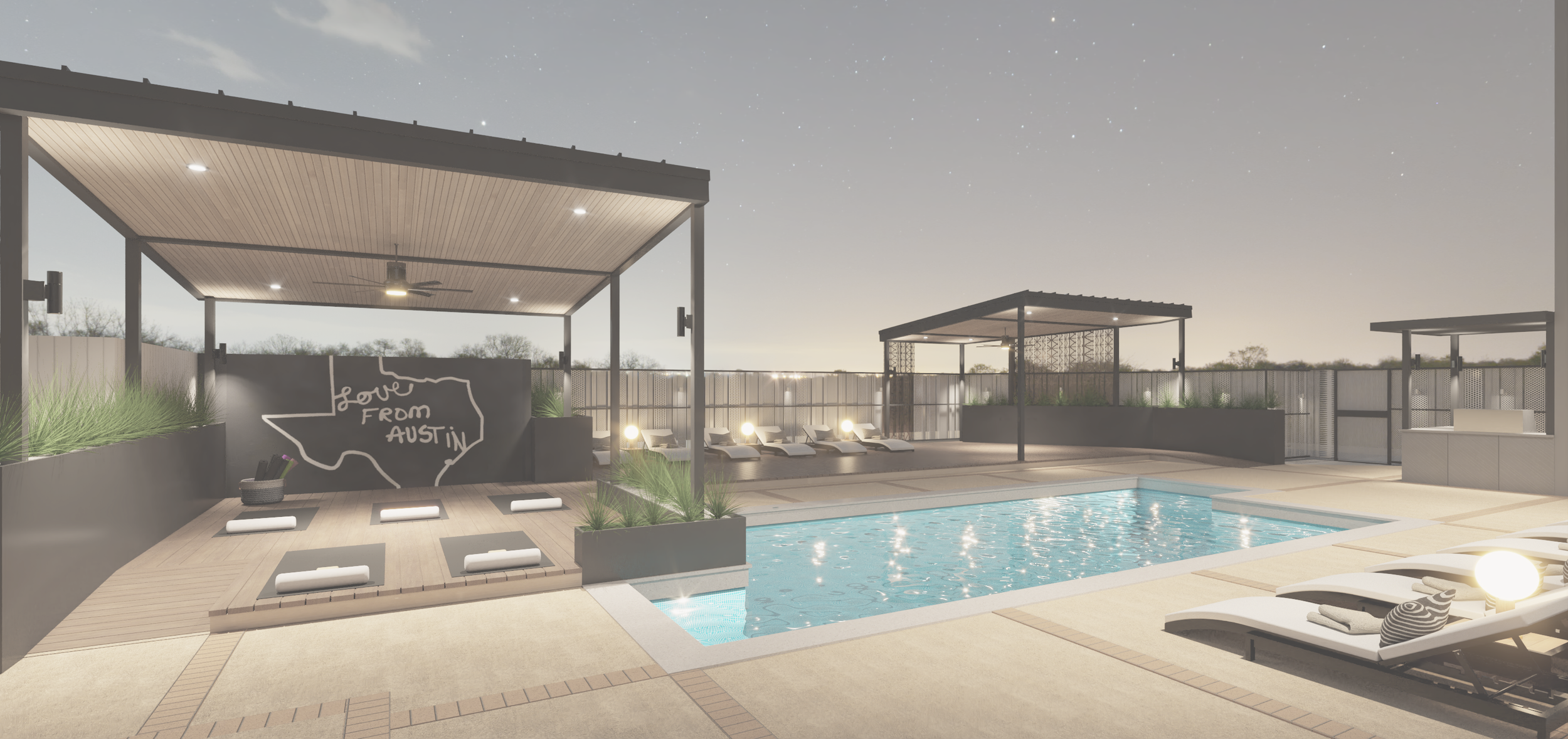Nighttime view of a rooftop pool area with lounge chairs, shaded cabanas, and a decorative wall featuring a map outline of Texas with the words "Love from Austin" inside.