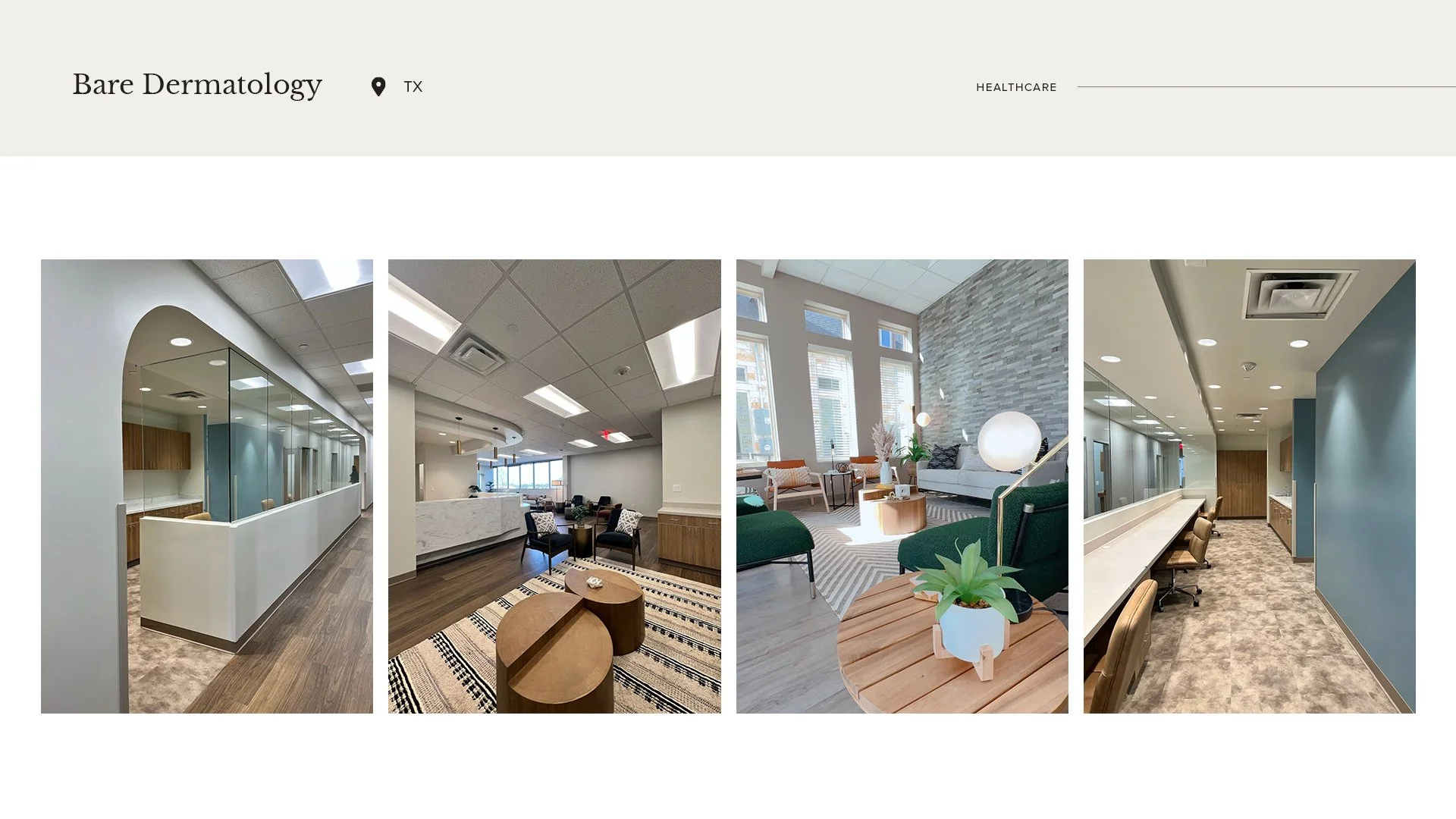 A collage of four interior images of a modern dermatology clinic named Bare Dermatology in Texas, featuring sleek waiting areas, private consultation spaces, and reception zones with contemporary furniture and decor.