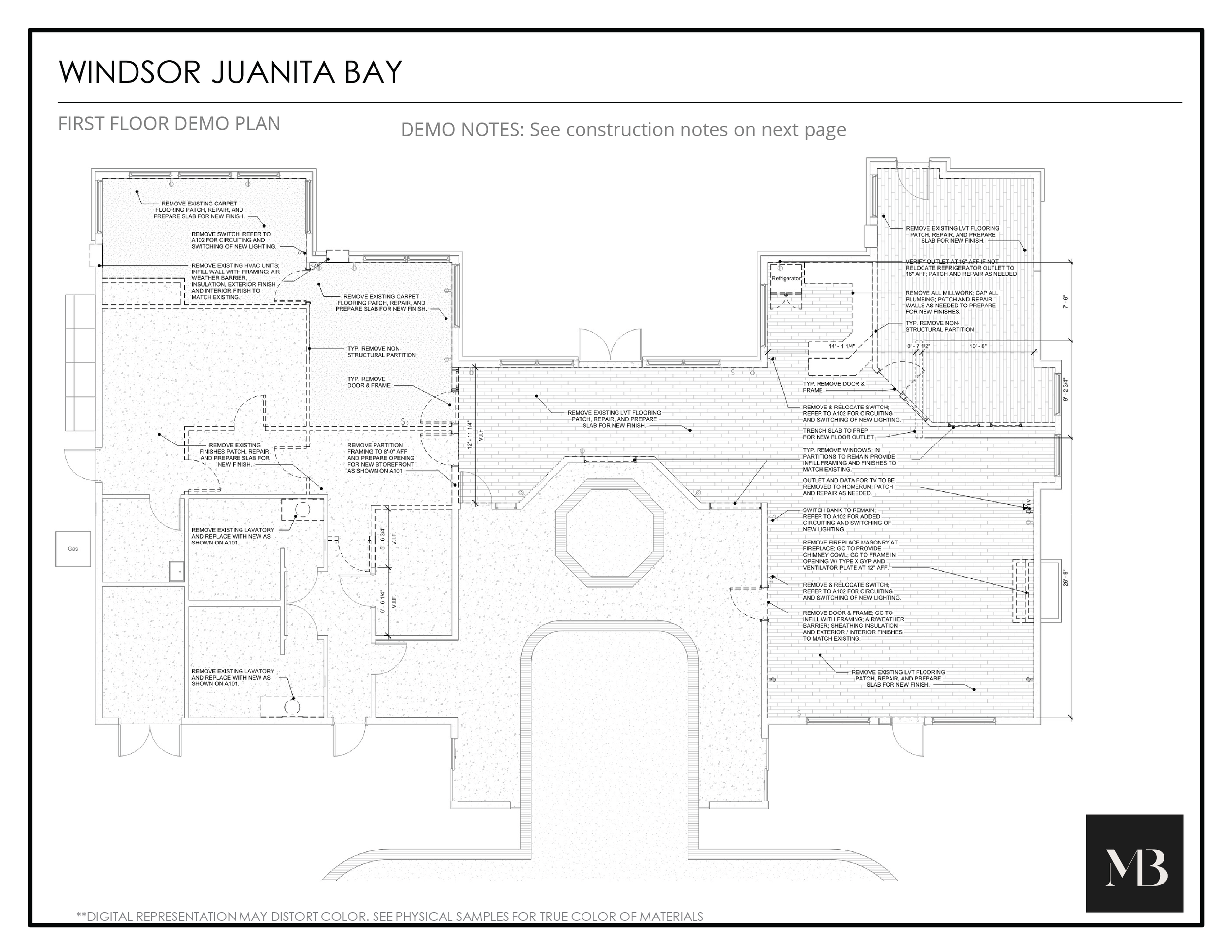 Blueprint of a building labeled as Windsor Juanita Bay, First Floor Demo Plan with notes on construction and renovation.