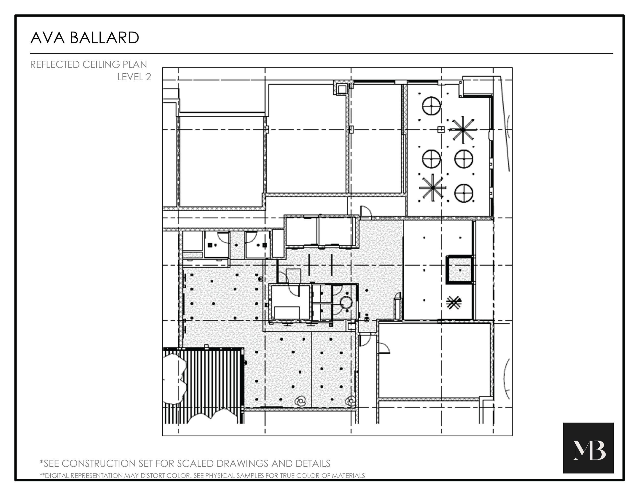 Architectural floor plan for Ava Ballard, showing reflected ceiling plan for Level 2, including rooms and fixtures. M3 logo in bottom right corner.