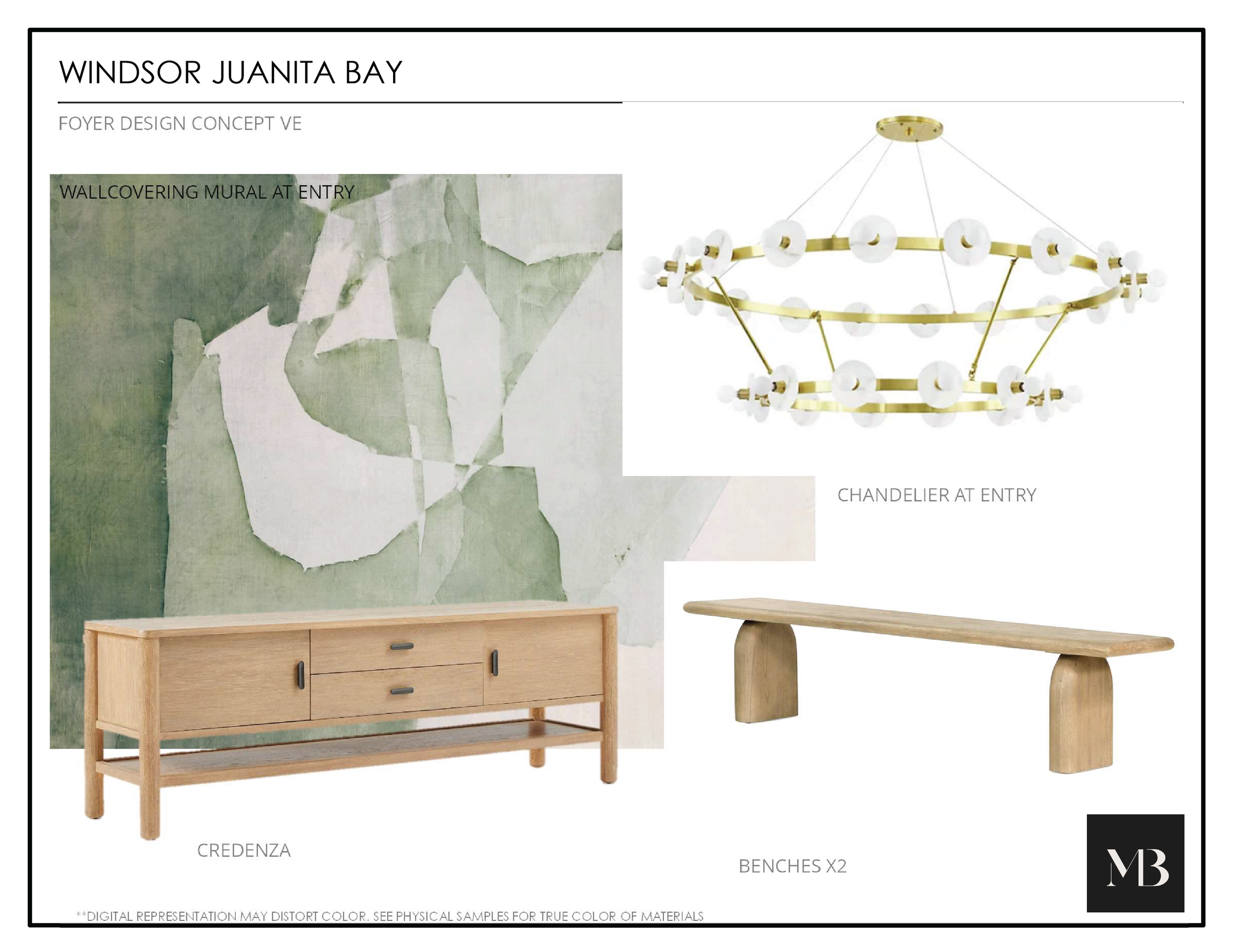 Design board for Windsor Juanita Bay featuring a wall covering mural at entry, a chandelier at entry, a wooden bench, and a wooden media console.