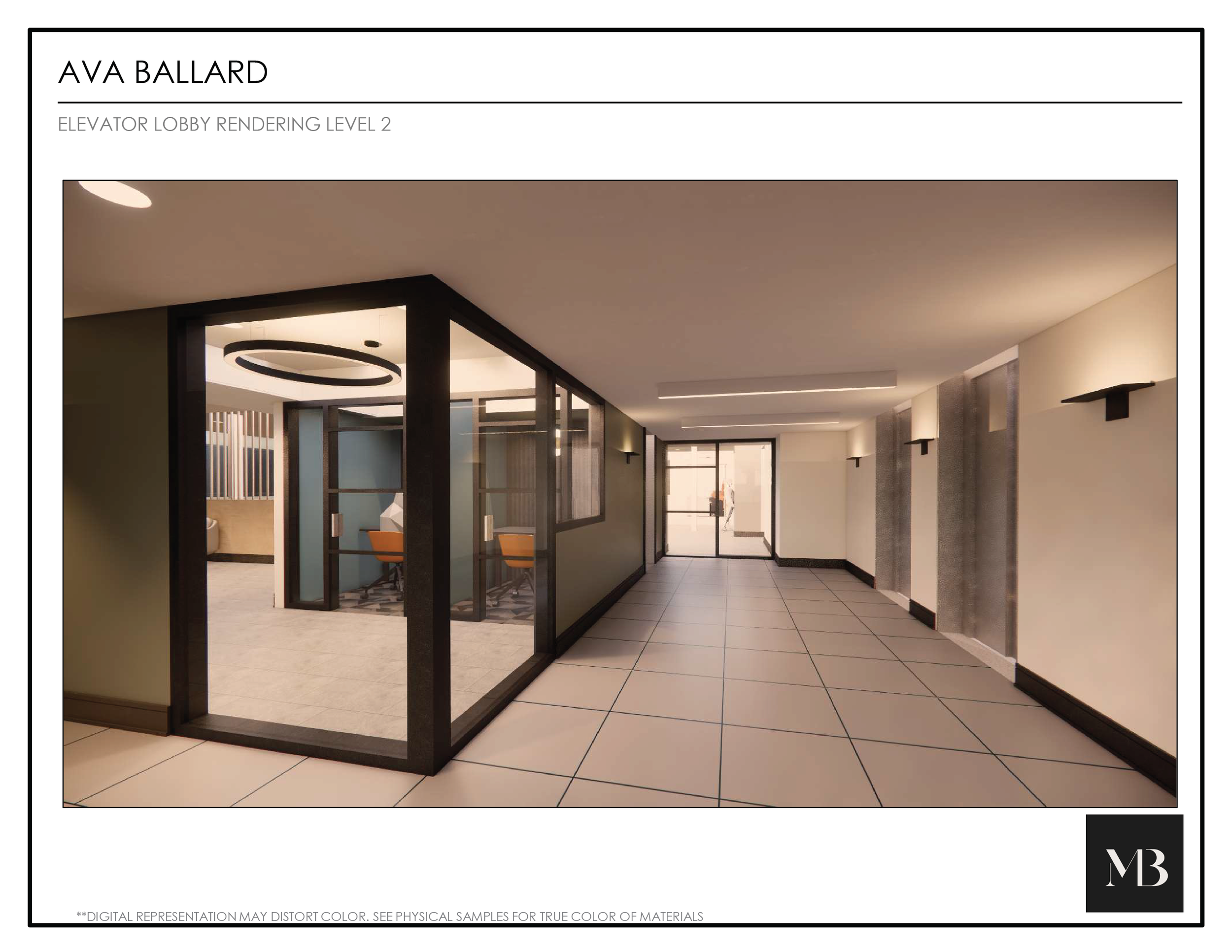 Interior view of a modern office building's elevator lobby with glass-paneled meeting rooms, tiled flooring, and wall-mounted lights.