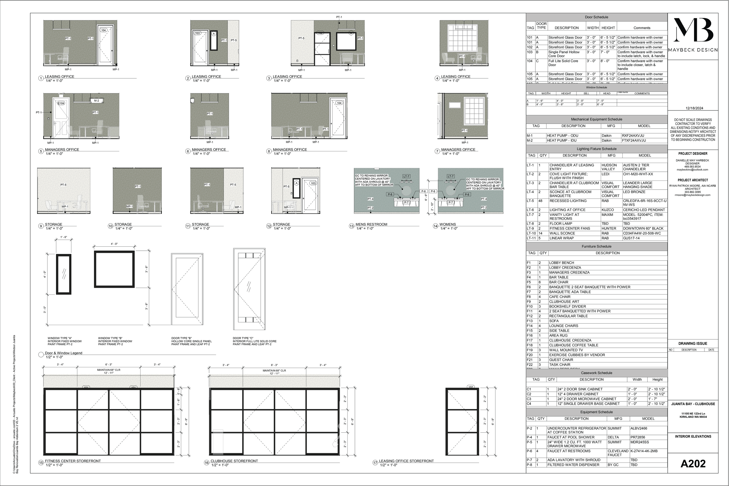 Architectural drawing with various room layouts, door and window types, schedule details, and furniture plans for a commercial or office space.
