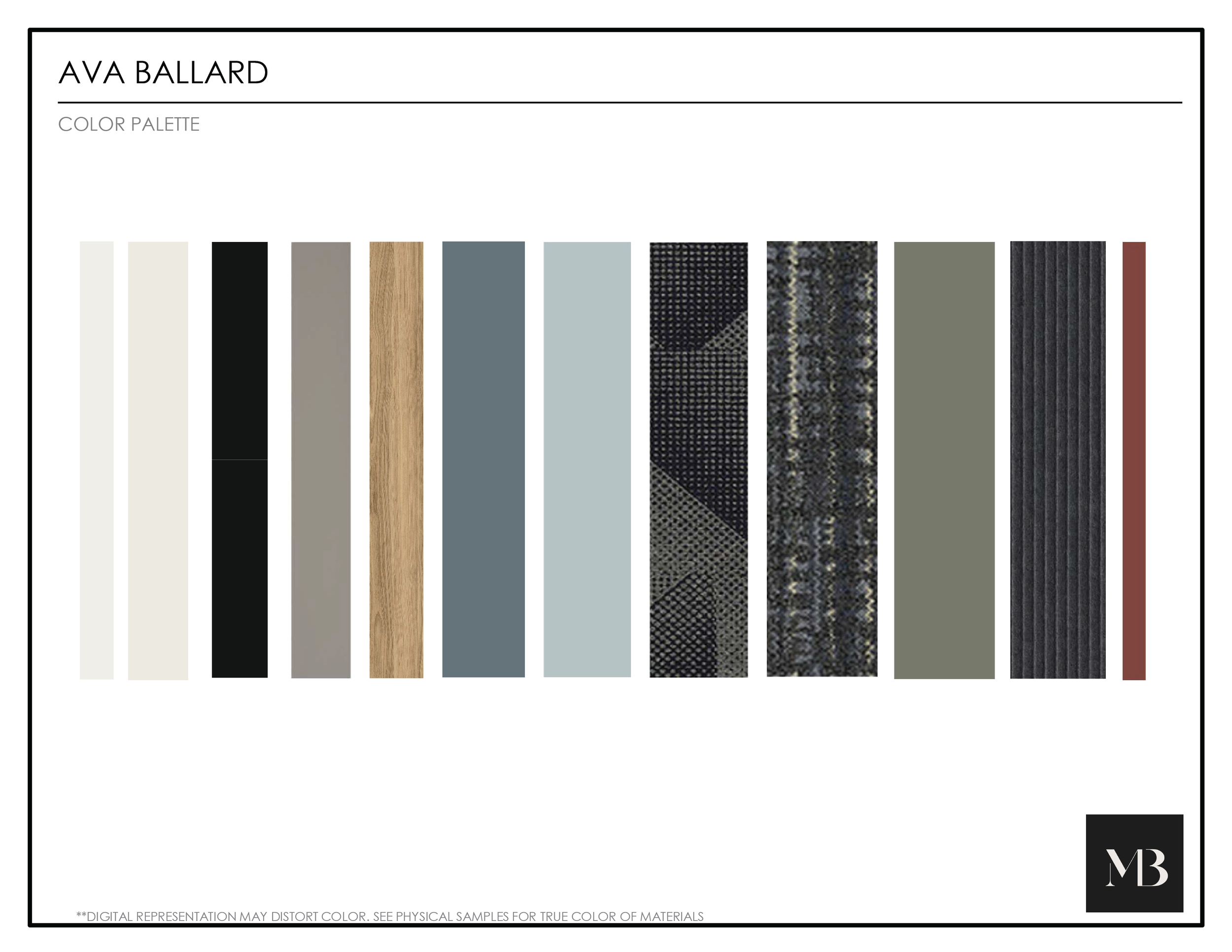 Color palette with vertical strips of different textures and colors, including white, black, gray, wood, light blue, patterned black, patterned multicolor, olive green, dark gray, and rusty red.