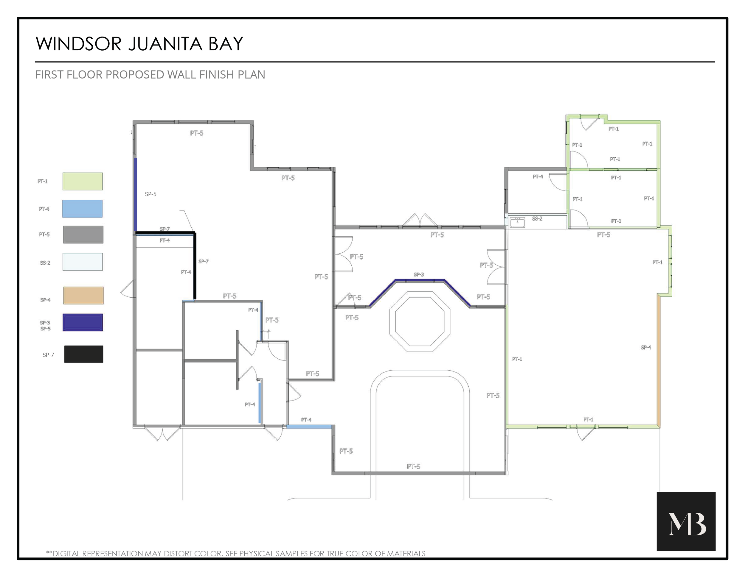 First floor proposed wall finish plan for Windsor Juanita Bay showing different wall finish areas color-coded and labeled.