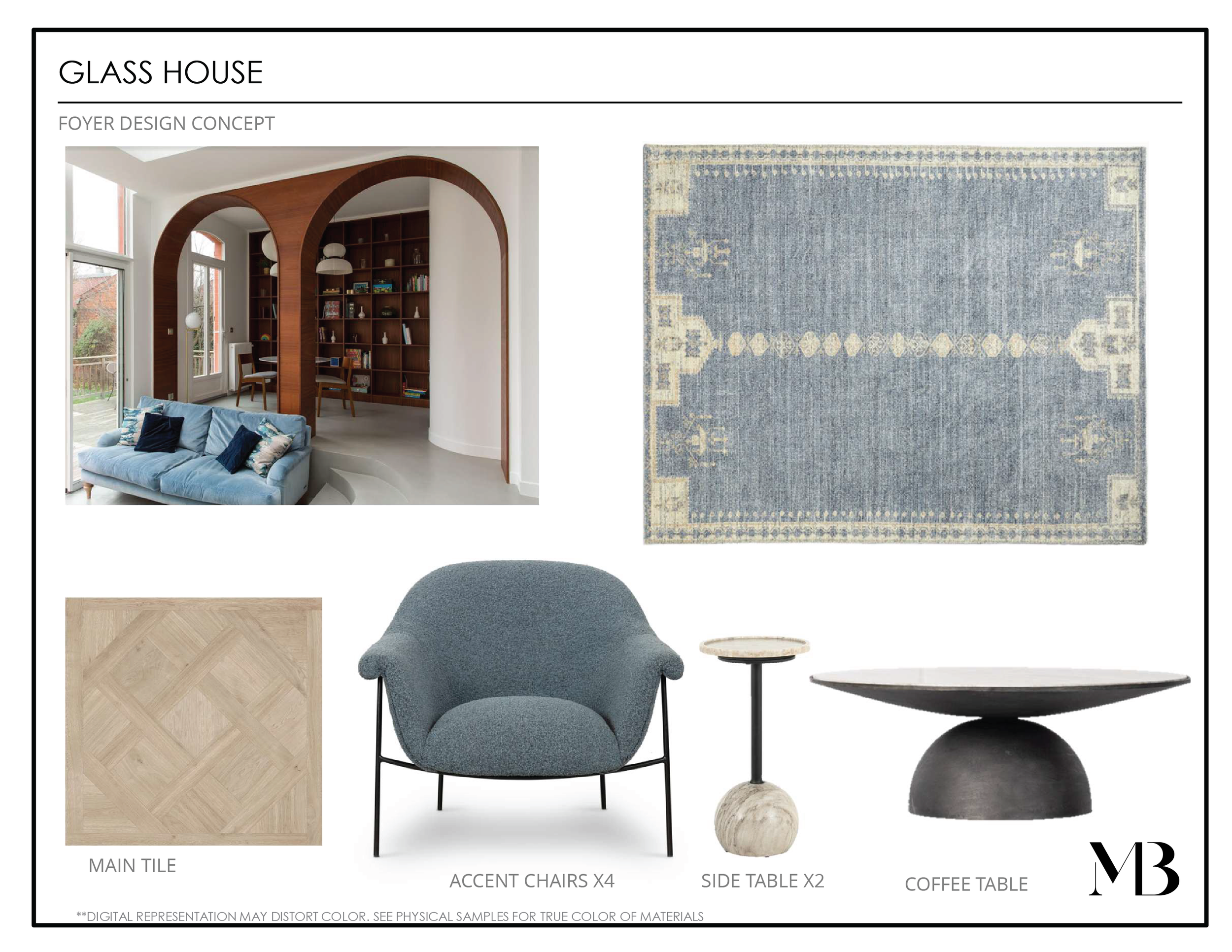Interior design concept for a glass house foyer; includes a living room with large windows, wooden arches, a bookshelf, a blue sofa with pillows, a patterned area rug, a blue accent chair, side tables, and a coffee table with a black base.