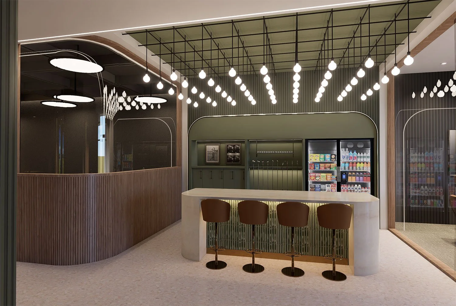 Modern interior with a curved white marble bar counter, four brown bar stools, green wall behind the bar with pictures and shelves, and ceiling with hanging lights and circular fixtures.