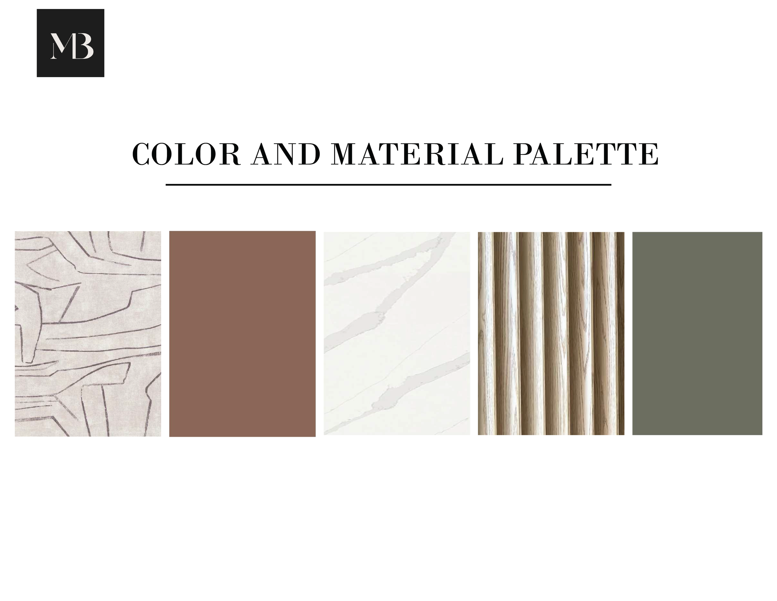 A color and material palette featuring five samples: a beige fabric with a line drawing pattern, a solid brown, a white marble with gray veining, a wooden material with vertical grooves, and an olive green color.