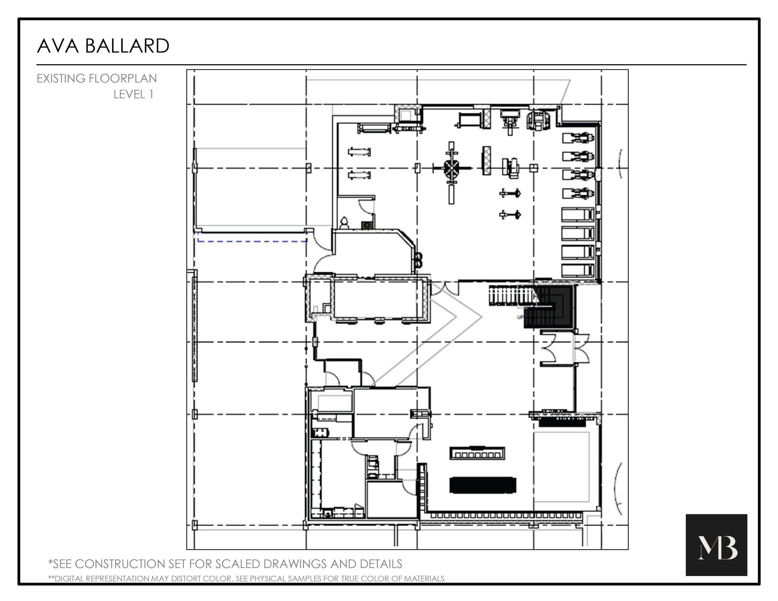 Architectural floor plan drawing of a building labeled 'Ava Ballard' with rooms, stairs, and furniture, marked 'Existing Floorplan Level 1'.