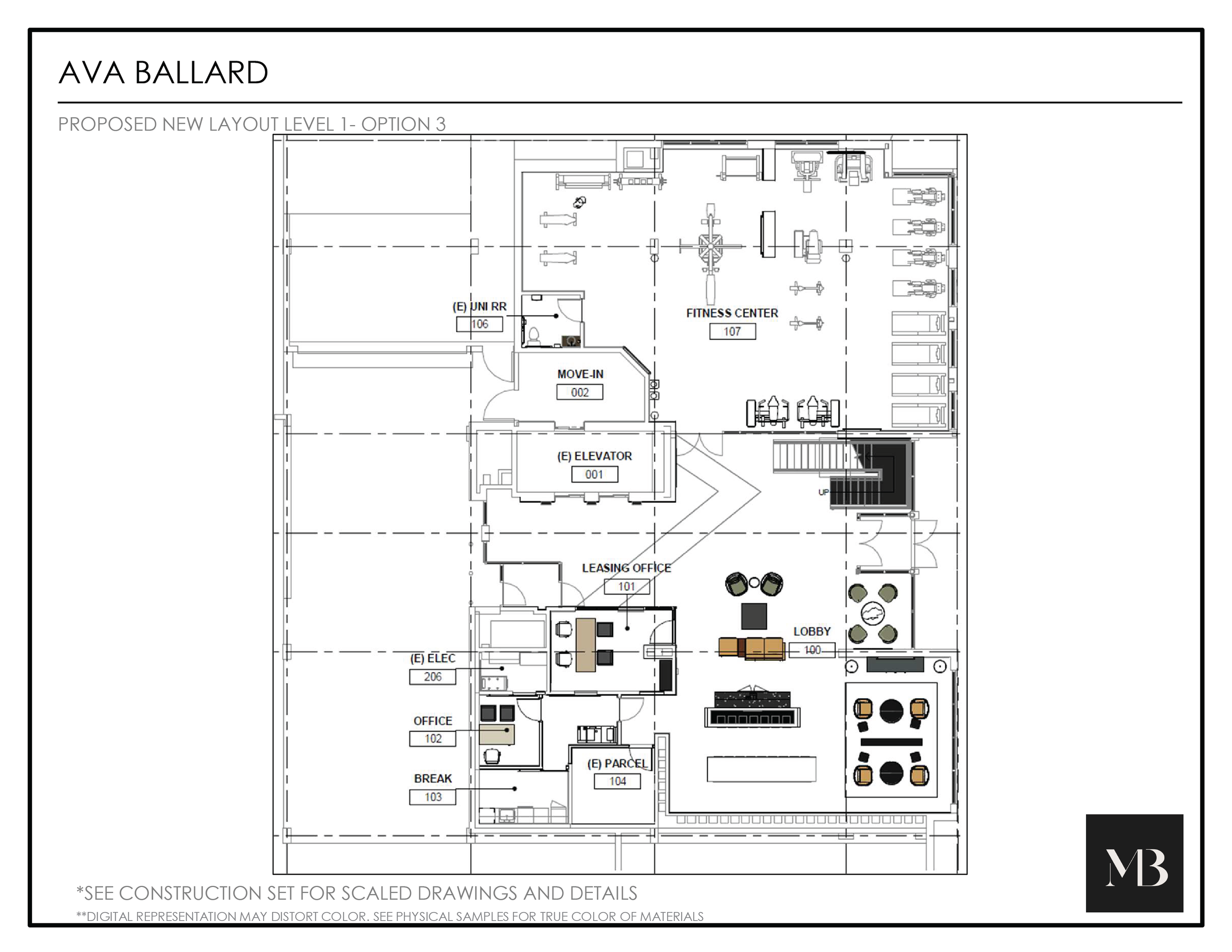 Architectural floor plan labeled AVA BALLARD, showing proposed layout of a building's first level, including areas such as fitness center, leasing office, lobby, staircase, elevator, offices, break room, electrical room, parcel room, move-in area, and a trash area. The plan includes room numbers and indicates the placement of furniture and equipment.