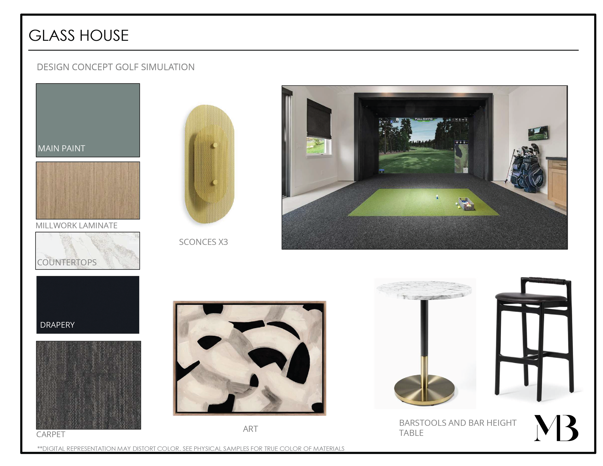 Design concept for a golf simulation room labeled 'Glass House'. Features include a large screen displaying a golf course, a golf mat, golf clubs and bags, a small marble-top table, a black bar-height chair, and artwork on the wall. Material samples of main paint, millwork laminate, counterop, drapery, and carpet are also shown.