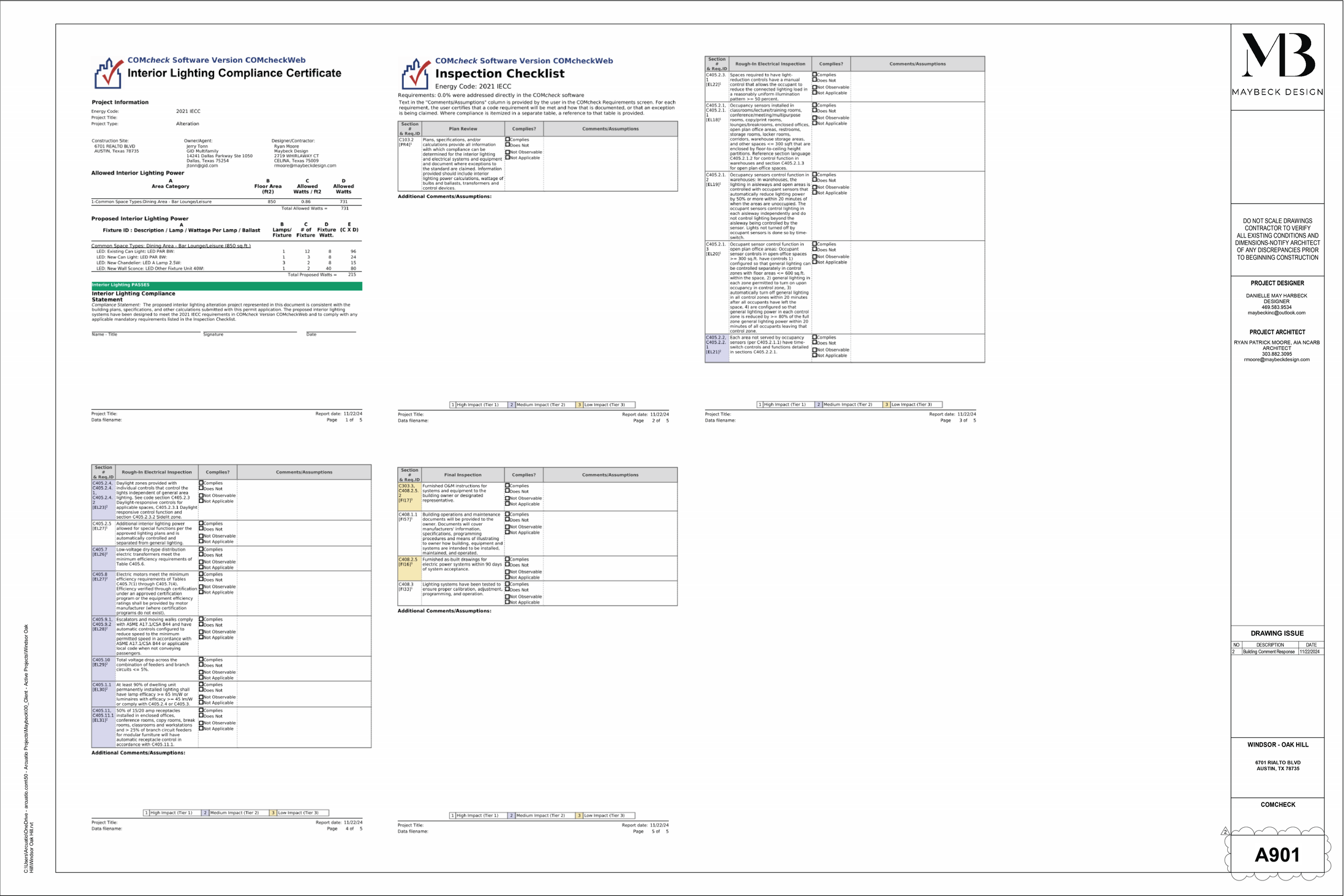 A detailed interior lighting compliance and inspection certificate with sections for project information, lighting specifications, inspection checklist, comments, signatures, and project details, including project title, location, design, and architect.
