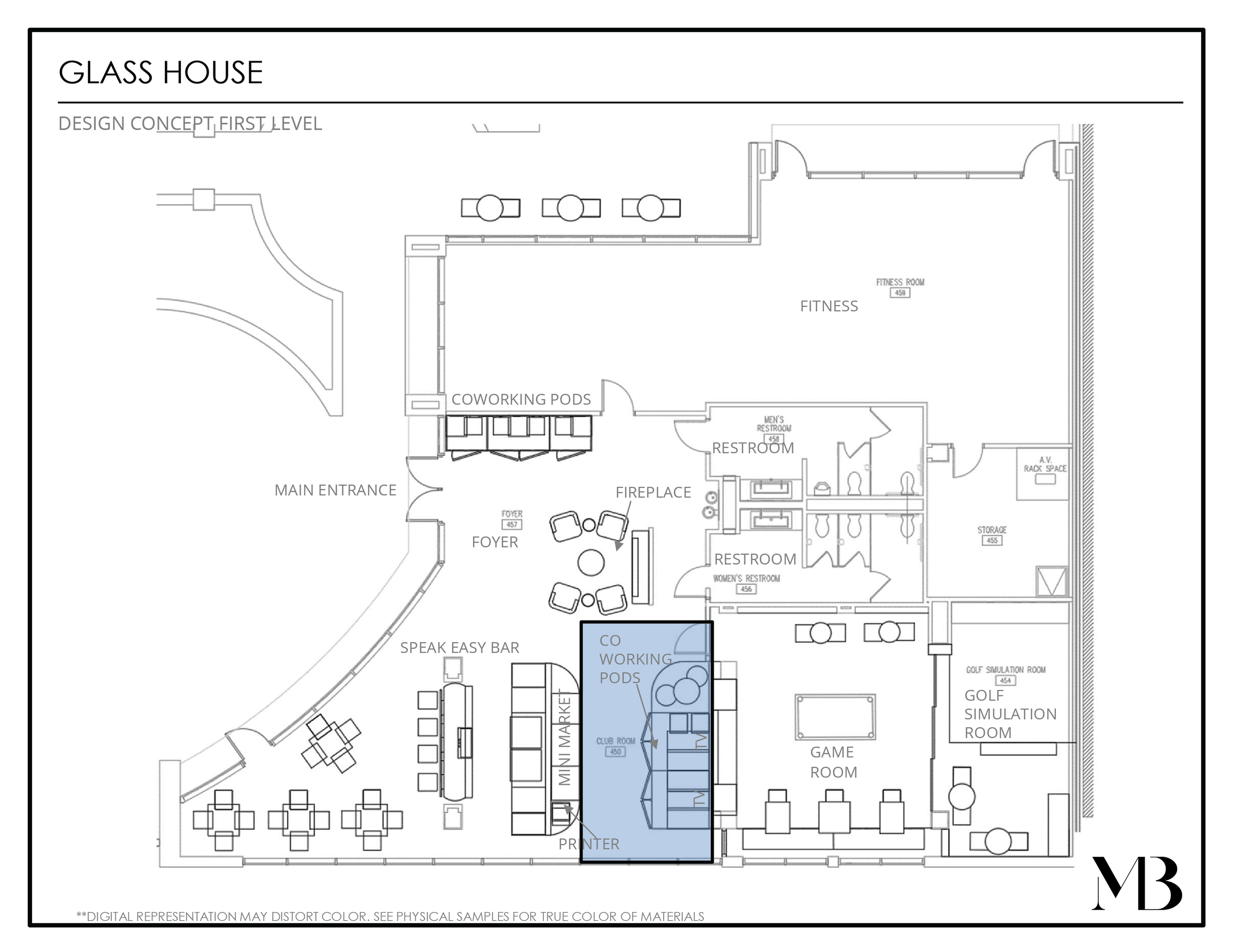 First level design plan of a glass house including main entrance, foyer, coworking and working pods, fitness room, game room, golf simulation room, storage, restrooms, and additional rooms marked for various uses.
