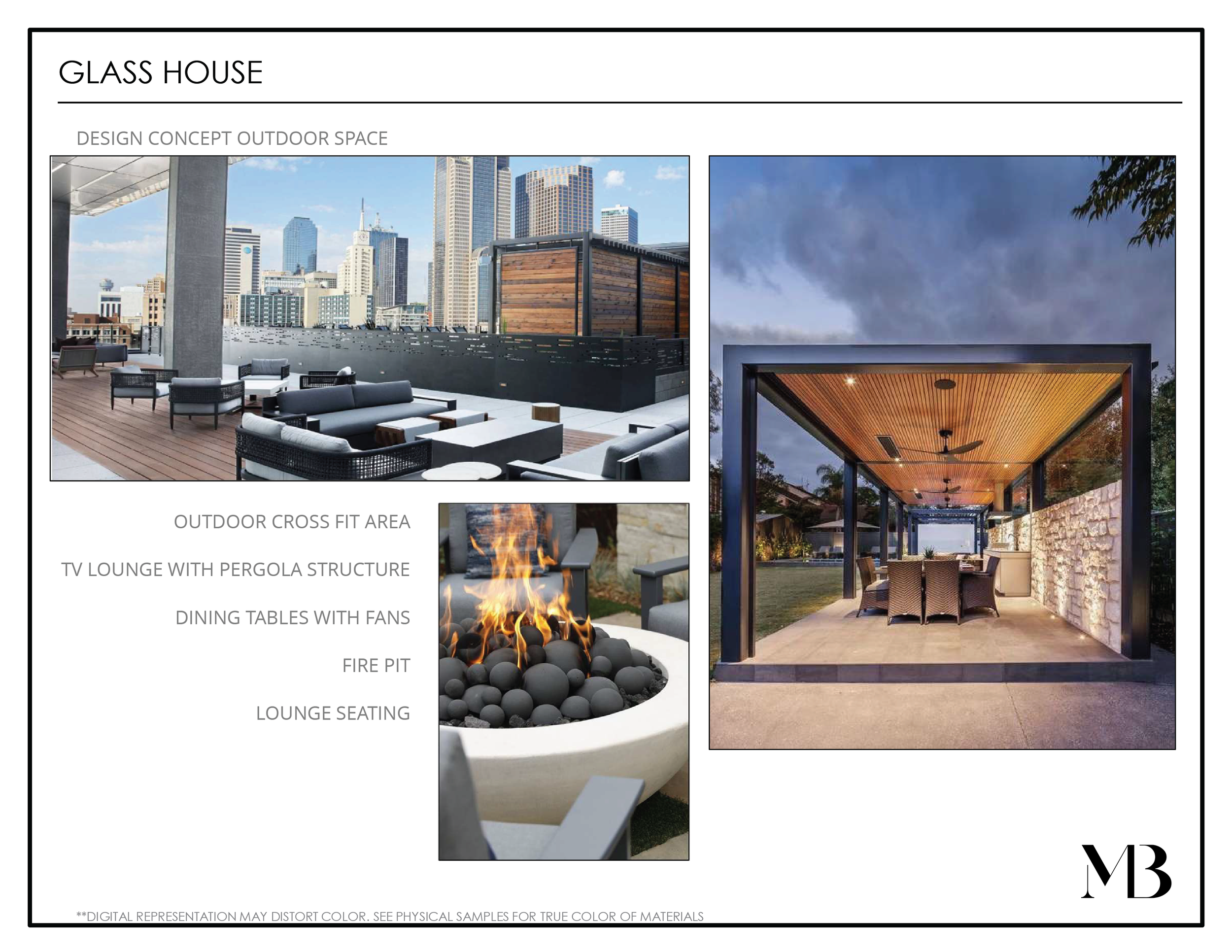 Design concept for an outdoor space at a glass house including a rooftop lounge with seating, an outdoor cross fit area, a TV lounge with pergola structure, dining tables with fans, a fire pit, and lounge seating.