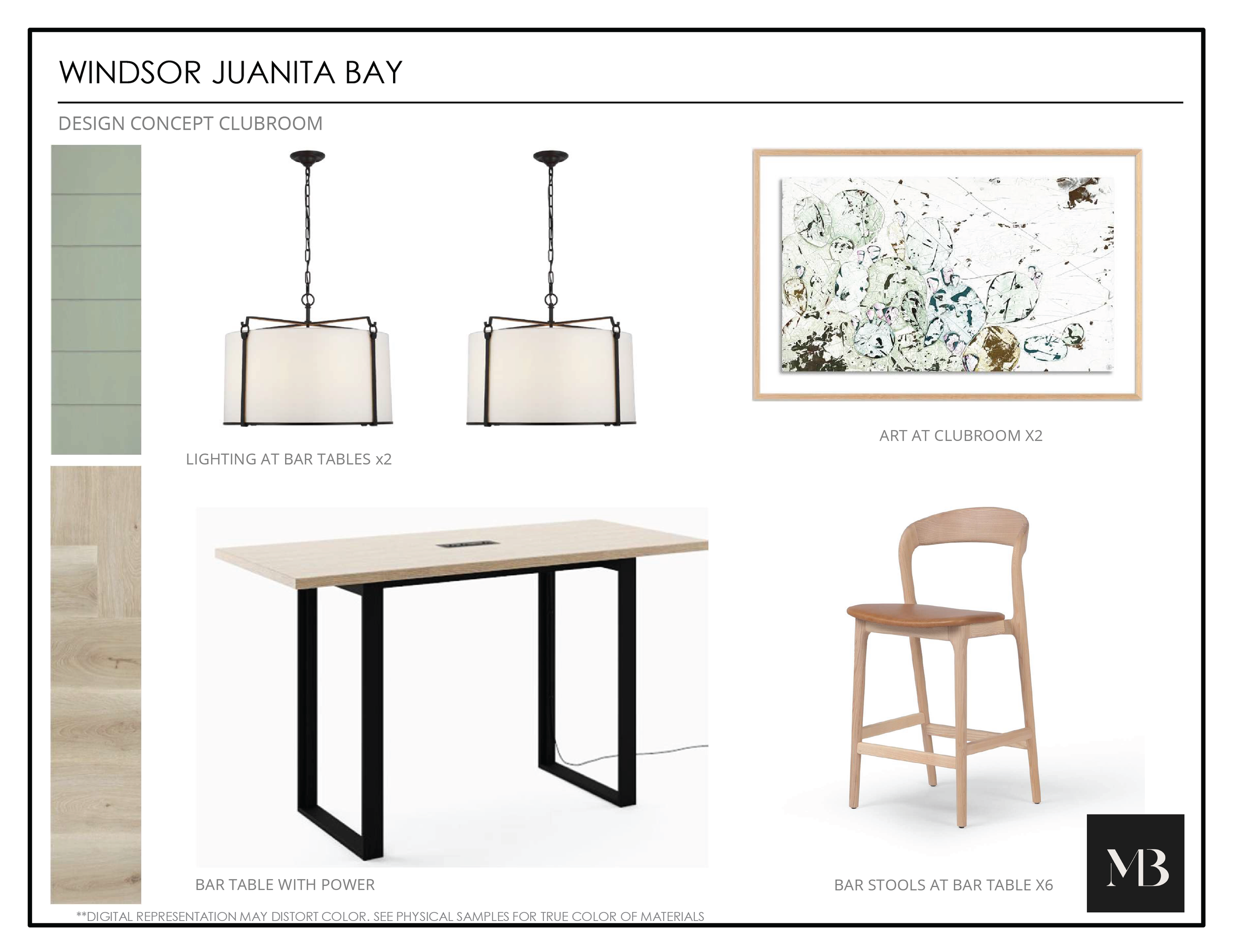 Design concept for Windsor Juanita Bay clubhouse showing two pendant lights above a bar table with power, artwork on a wall, a bar stool, and sample materials including wood and paint swatches, with MB logo in the bottom right corner.