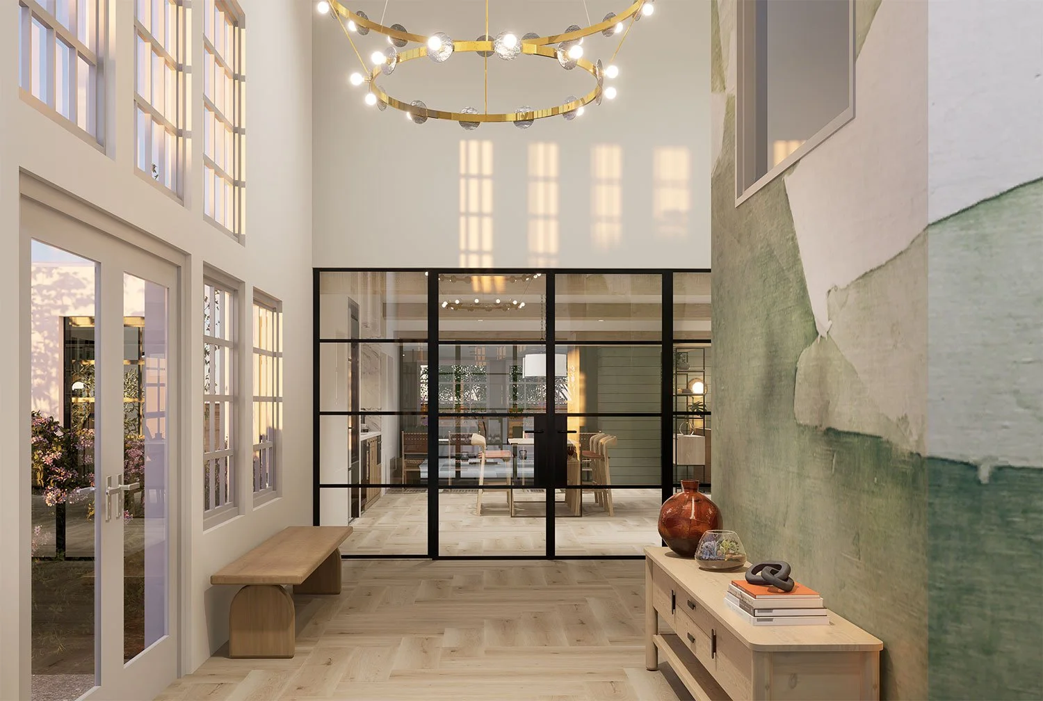 Interior view of a modern, well-lit living area featuring a large glass sliding door, a wooden bench, a console table with decorative items, and a large circular chandelier with lights in the ceiling.