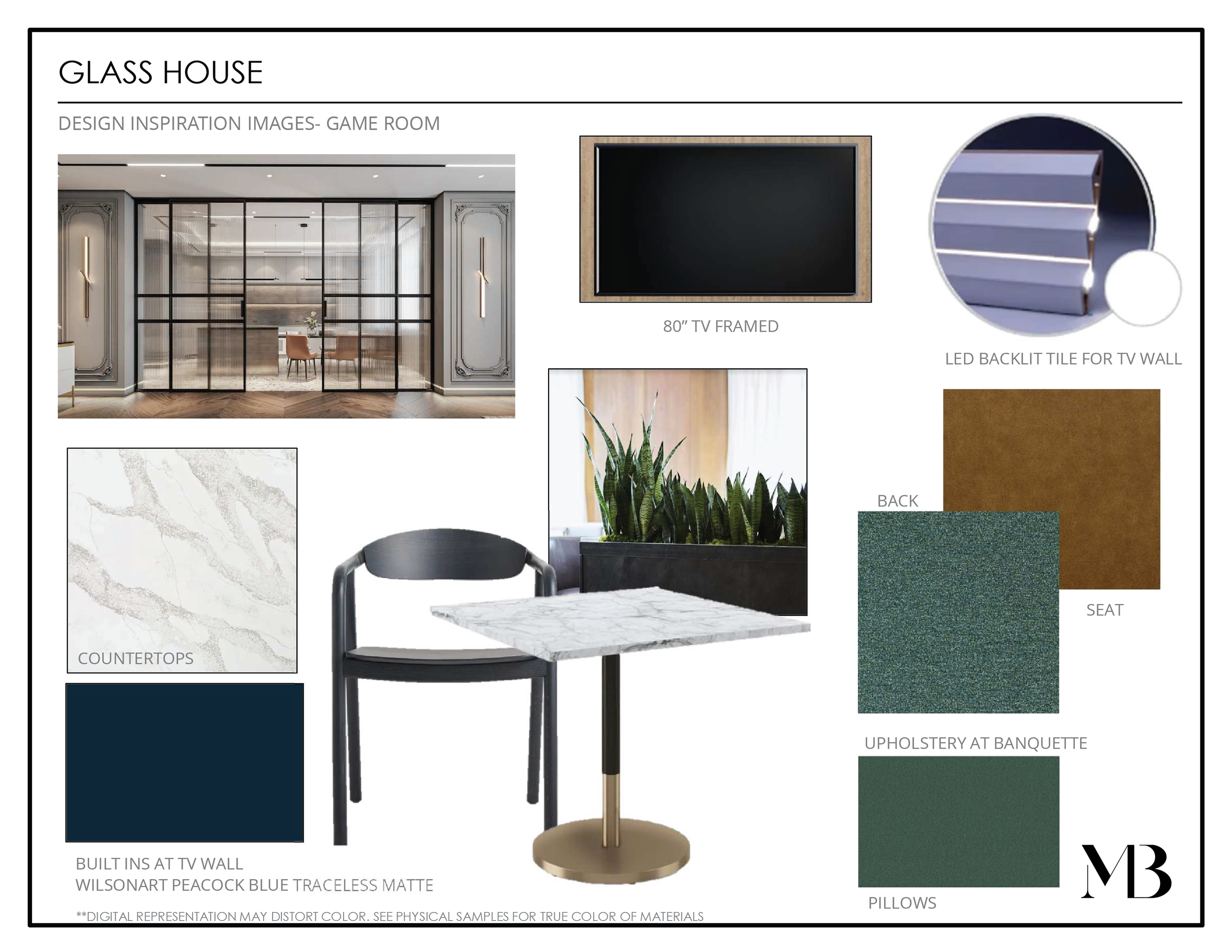 Design inspiration for game room showing an 80-inch TV framed, LED backlit tile for TV wall, built-in TV wall with peacock blue traceless matte, countertops with marble pattern, chair at small round table with marble top and gold base, indoor plants behind the table, and color swatches for back, seat, upholstery, and pillows.