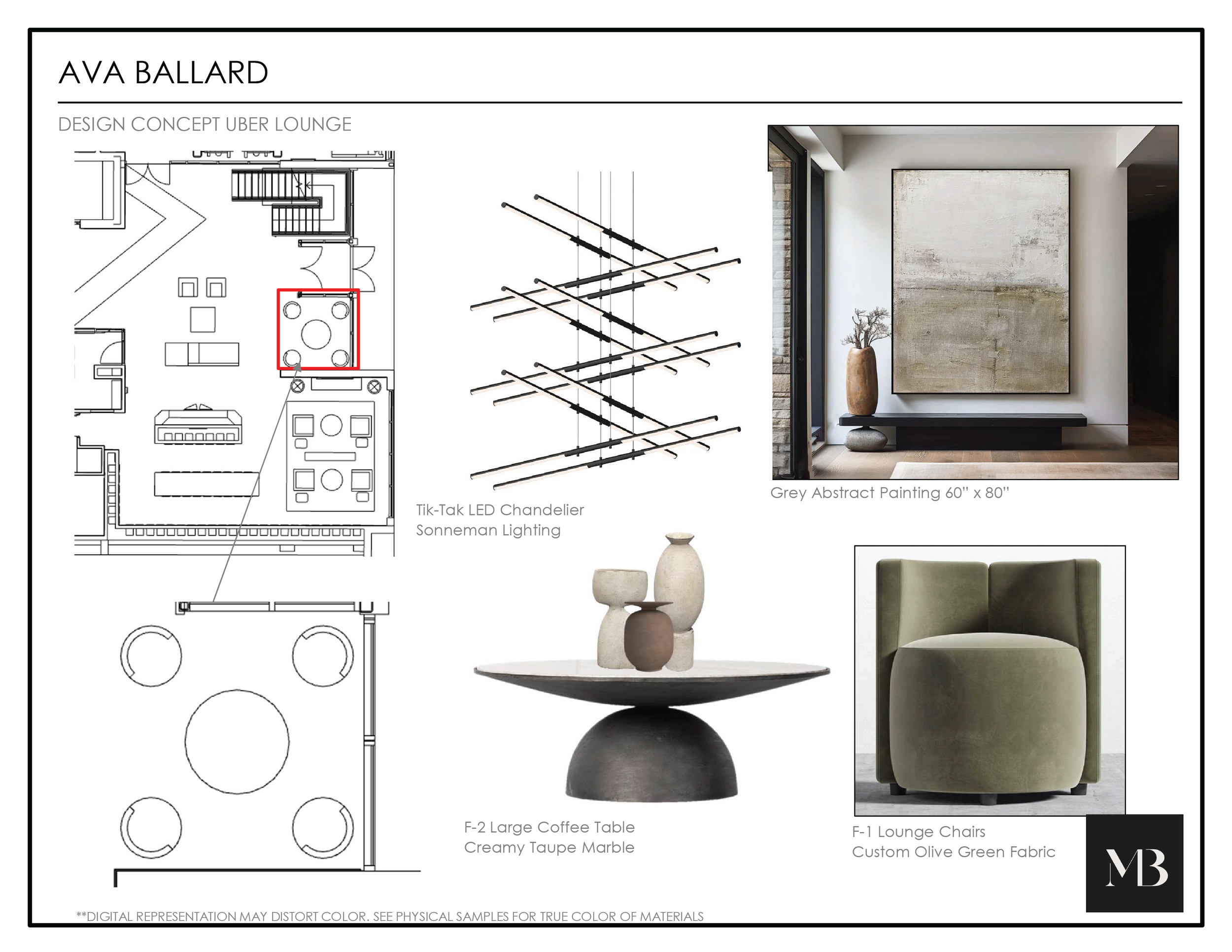 Design concept layout for AVA BALLARD Uber Lounge showcasing a lighting fixture, grey abstract painting, a coffee table, and lounge chairs.
