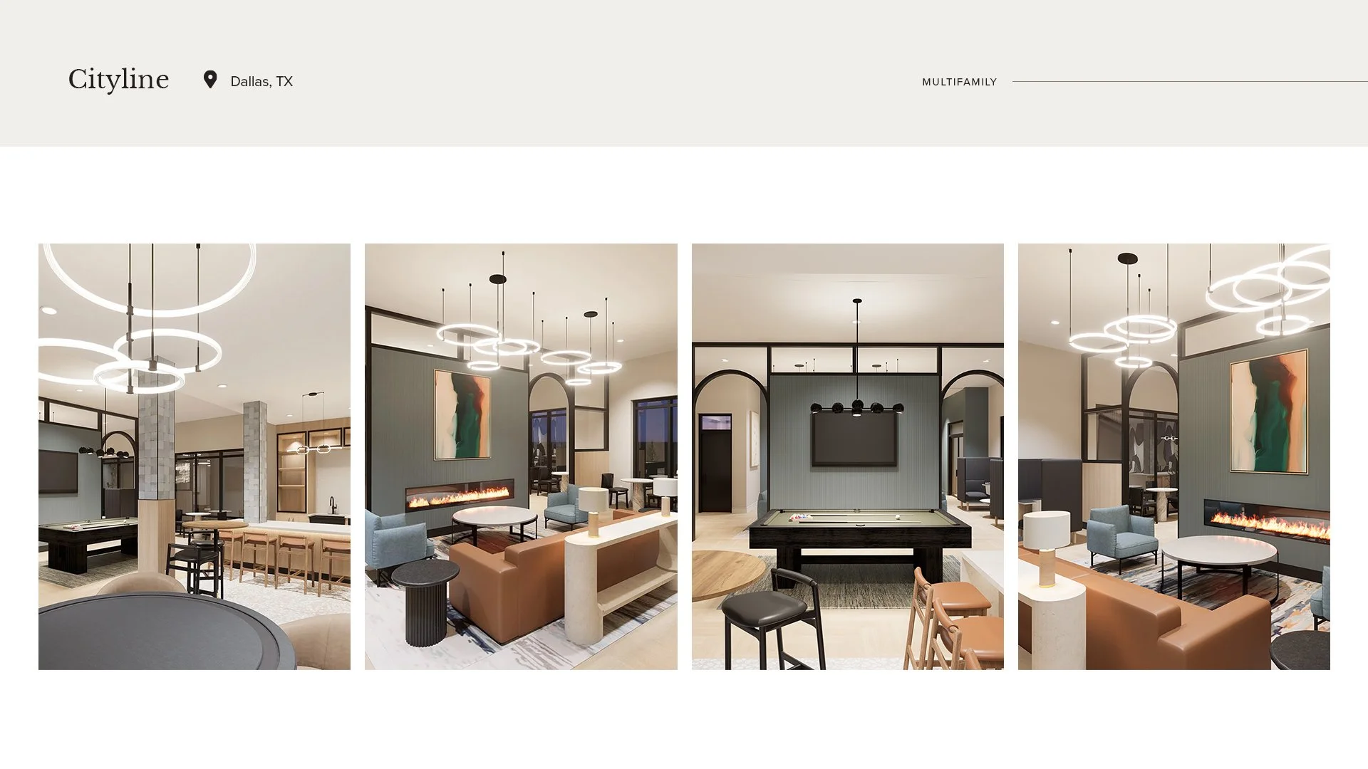 Four photos of a modern living space with contemporary furniture, art, and lighting, including a fireplace, a billiards table, and a television.