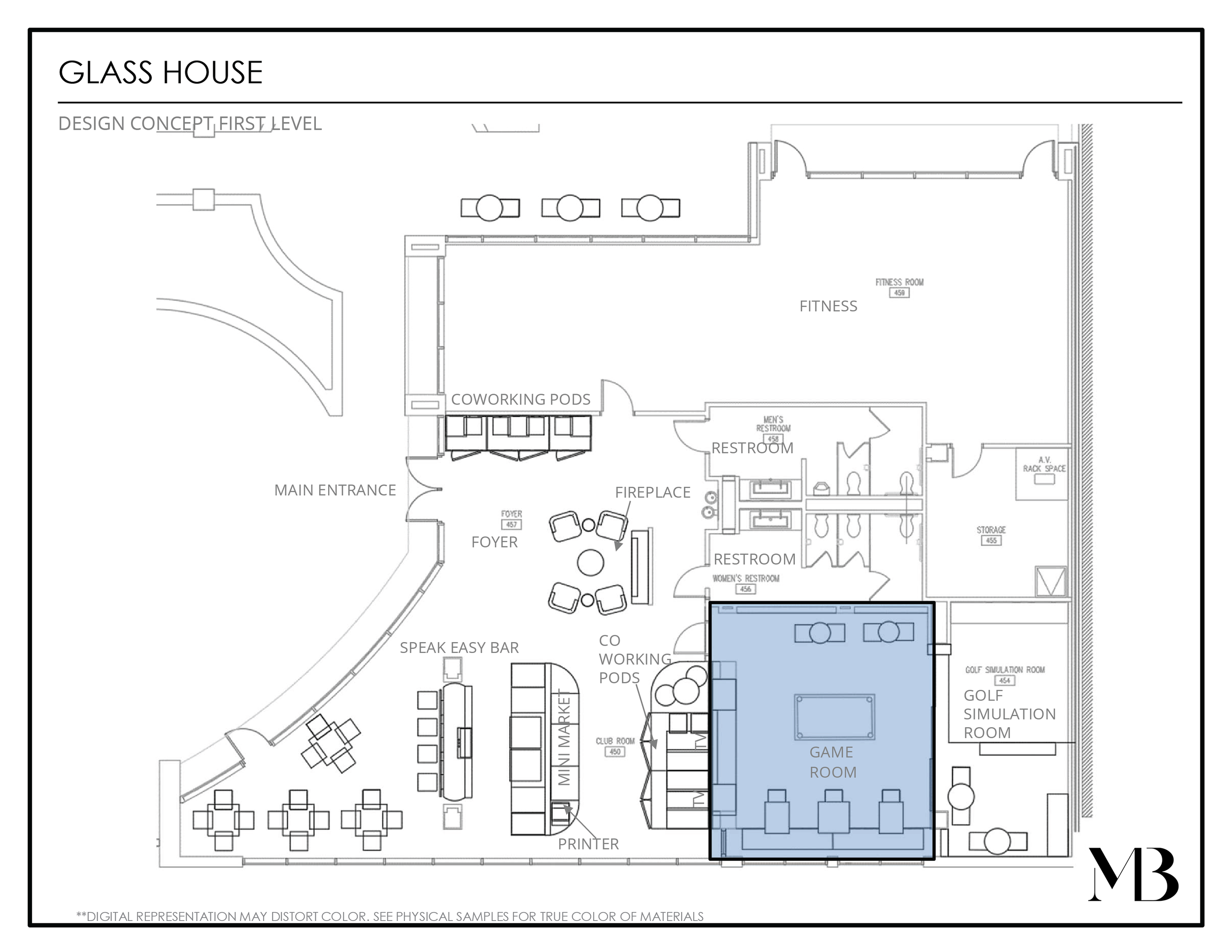Floor plan of a building labeled 'Glass House' with areas for fitness, coworking pods, game room, golf simulation room, and restrooms.