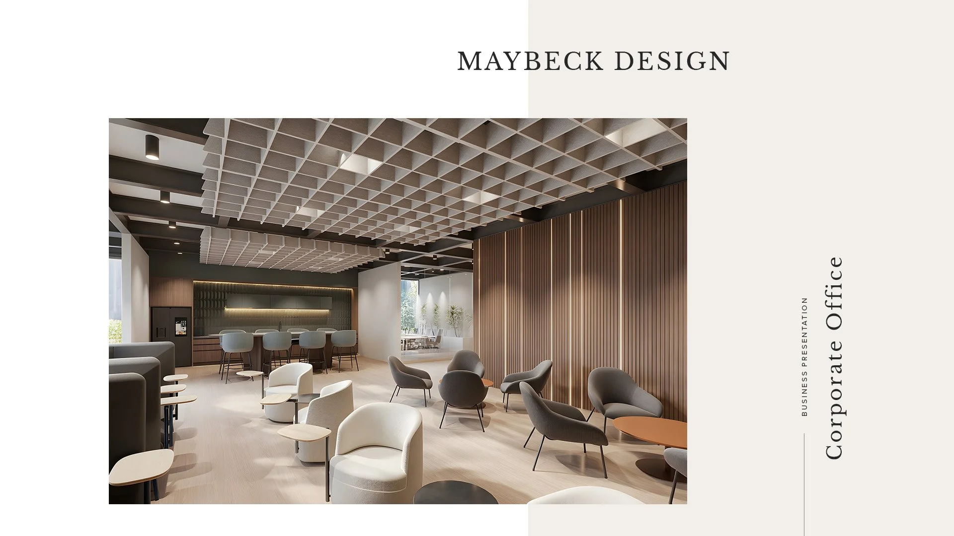 Modern corporate office lounge with armchairs, bar-height table with stools, and wood-paneled wall, with acoustic ceiling tiles